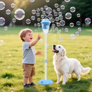 Bubble Maker Stand Machine with Lights and Music for Outdoor, 21-47 Inches Adjustable Bubble Torch, Bubble Machine for Wedding Birthday Outdoor Party (Blue Stickers)