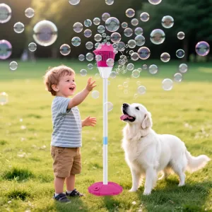 Bubble Maker Stand Machine with Lights and Music for Outdoor, 21-47 Inches Adjustable Bubble Torch, Bubble Machine for Wedding Birthday Outdoor Party (Red Stickers)