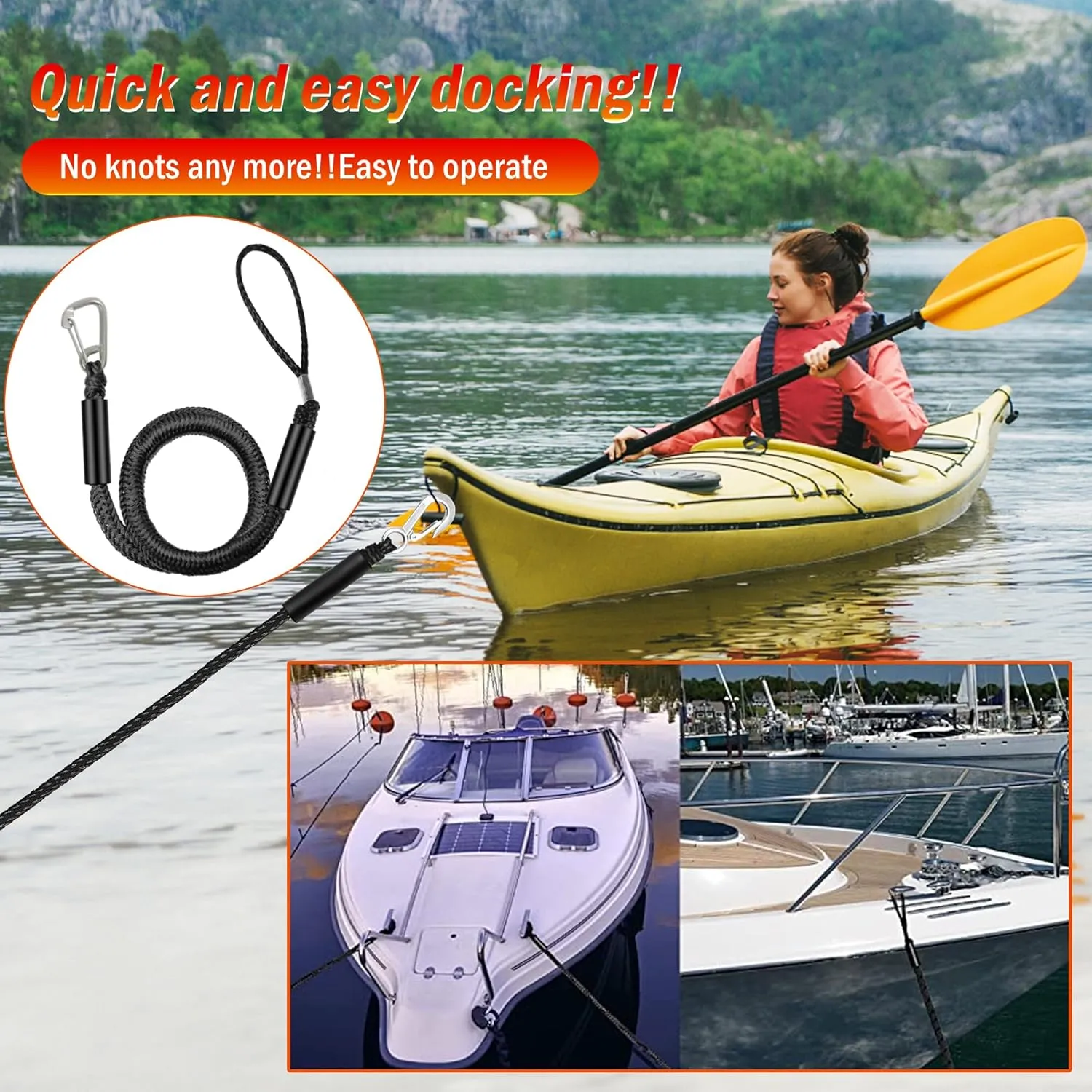 Bungee Dock Lines 4FT 2-Pack with Stainless Clips – Marine Mooring Ropes for Boats, Jet Skis, Pontoons – Shock Absorbing (Black)
