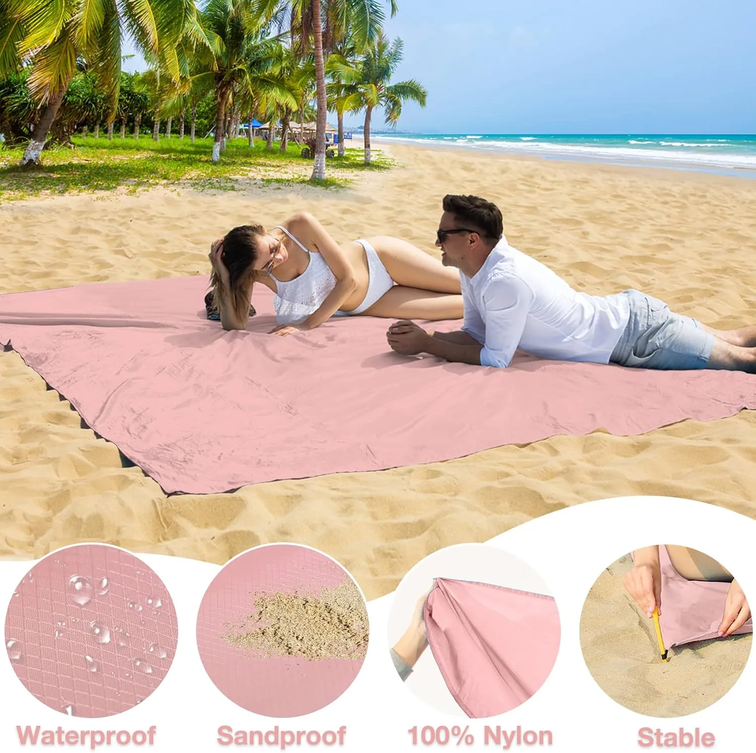 BYDOLL Nylon Beach Blanket Waterproof Sandproof Oversized 7'x7' Suits 1-5 Adults Sand Free Extra Large Blanket Lightweight Soft Picnic Mat for Beach Travel Camping