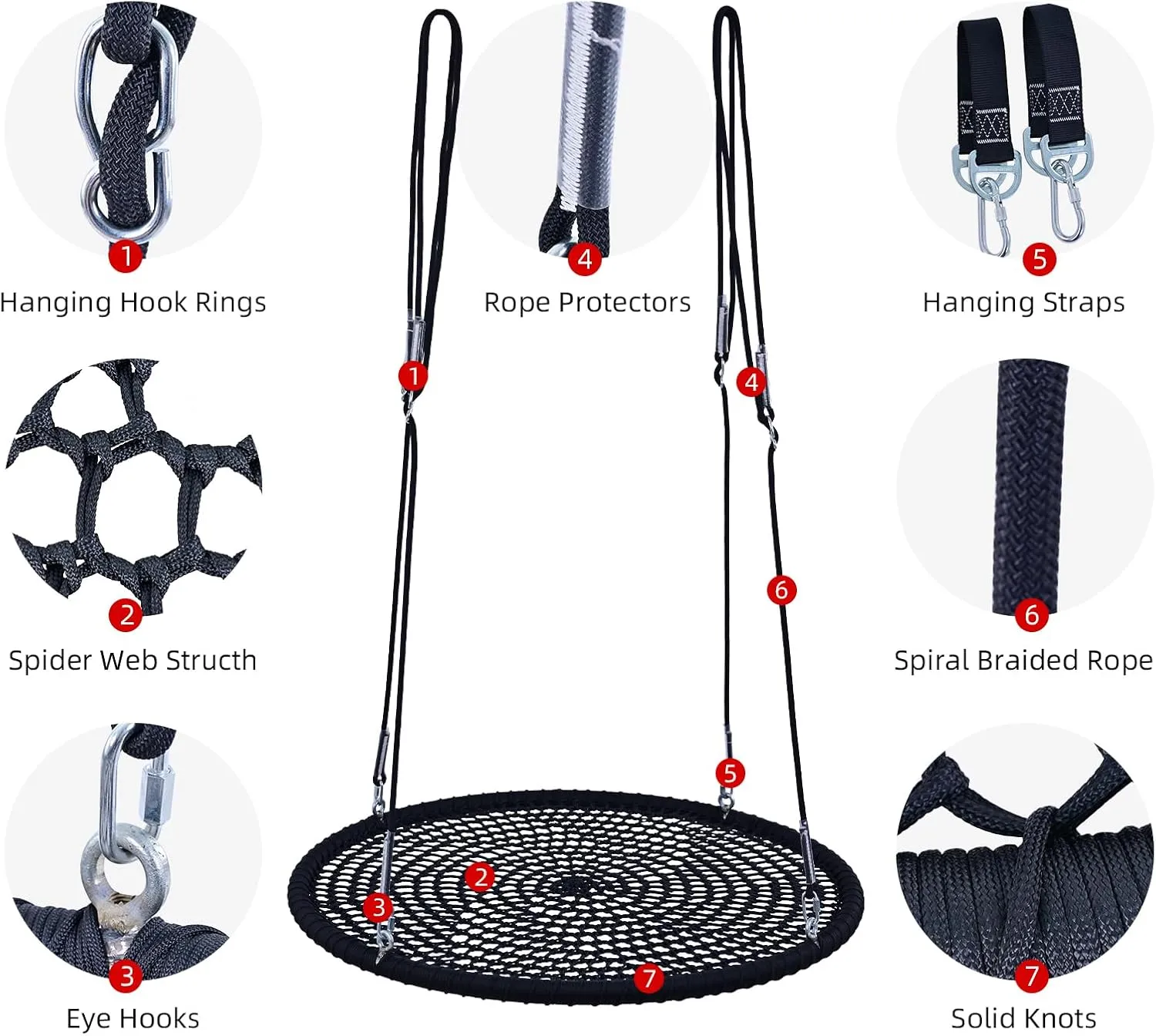 BZ&BX One-Piece Spider Web Saucer Swing for Kids, Saucer Tree Net Swing Platform Rope Round Swing,Nylon Rope, Max 660 Lbs Capacity, Extra Safe and Durable for Kids (Black, 40 inch)