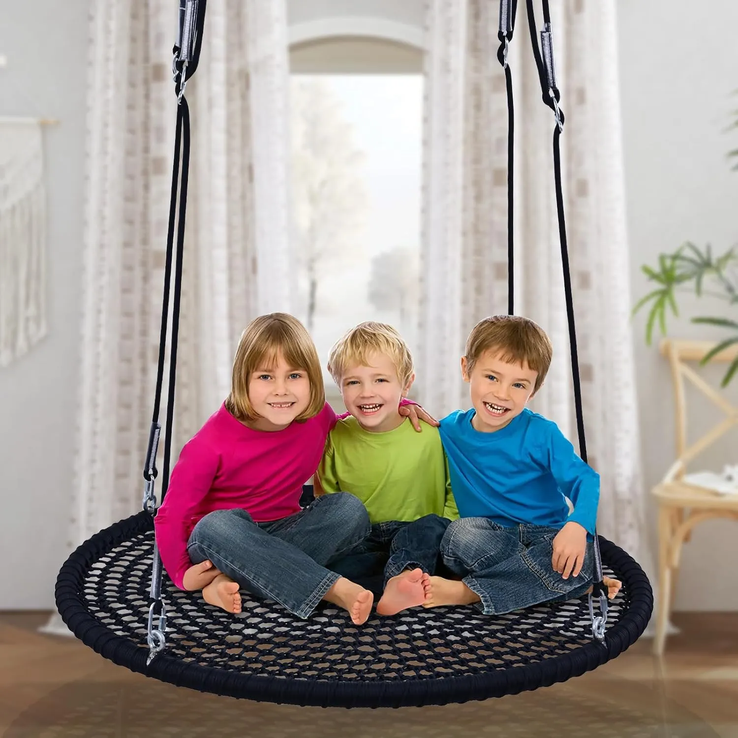 BZ&BX One-Piece Spider Web Saucer Swing for Kids, Saucer Tree Net Swing Platform Rope Round Swing,Nylon Rope, Max 660 Lbs Capacity, Extra Safe and Durable for Kids (Black, 40 inch)