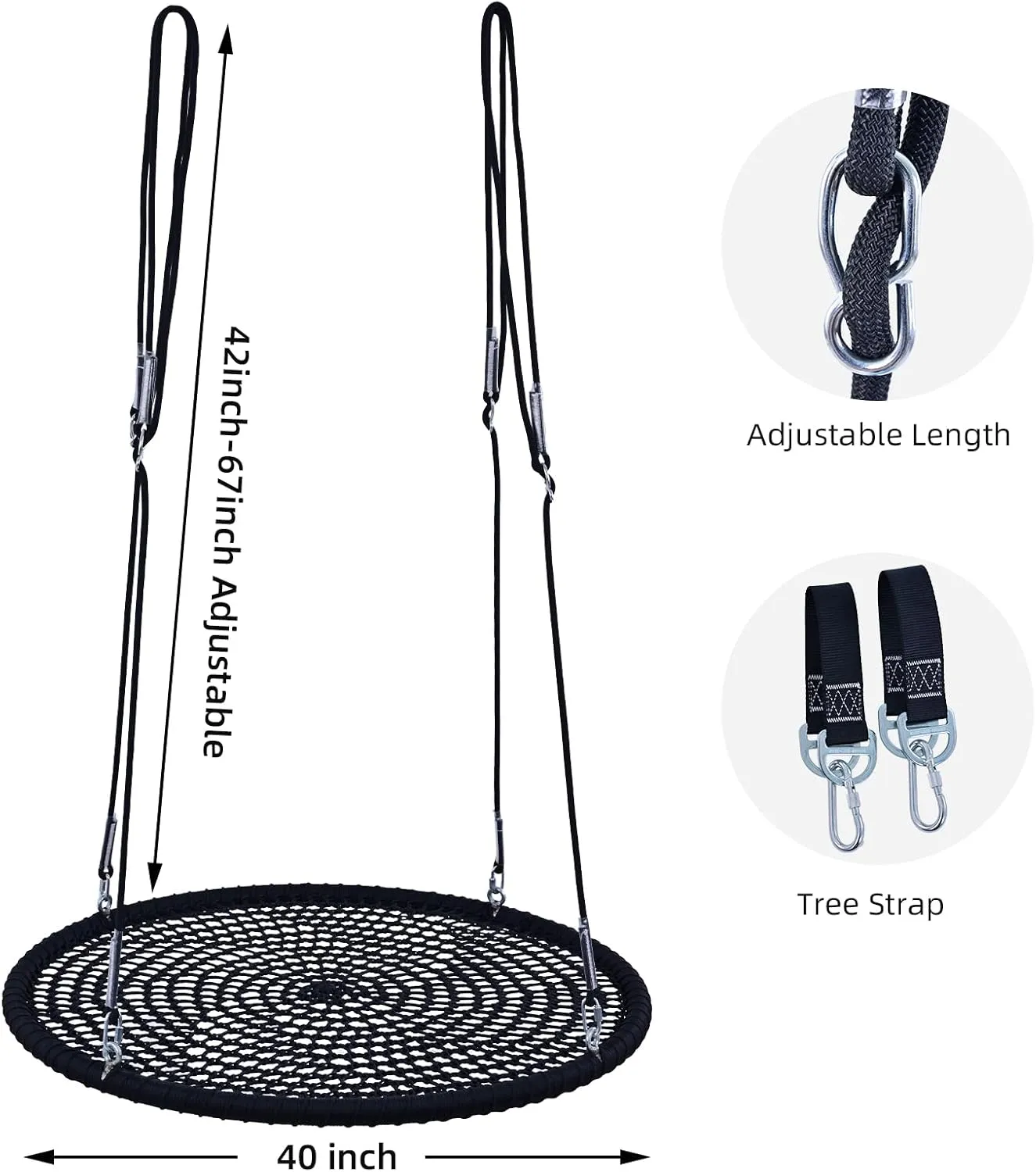 BZ&BX One-Piece Spider Web Saucer Swing for Kids, Saucer Tree Net Swing Platform Rope Round Swing,Nylon Rope, Max 660 Lbs Capacity, Extra Safe and Durable for Kids (Black, 40 inch)