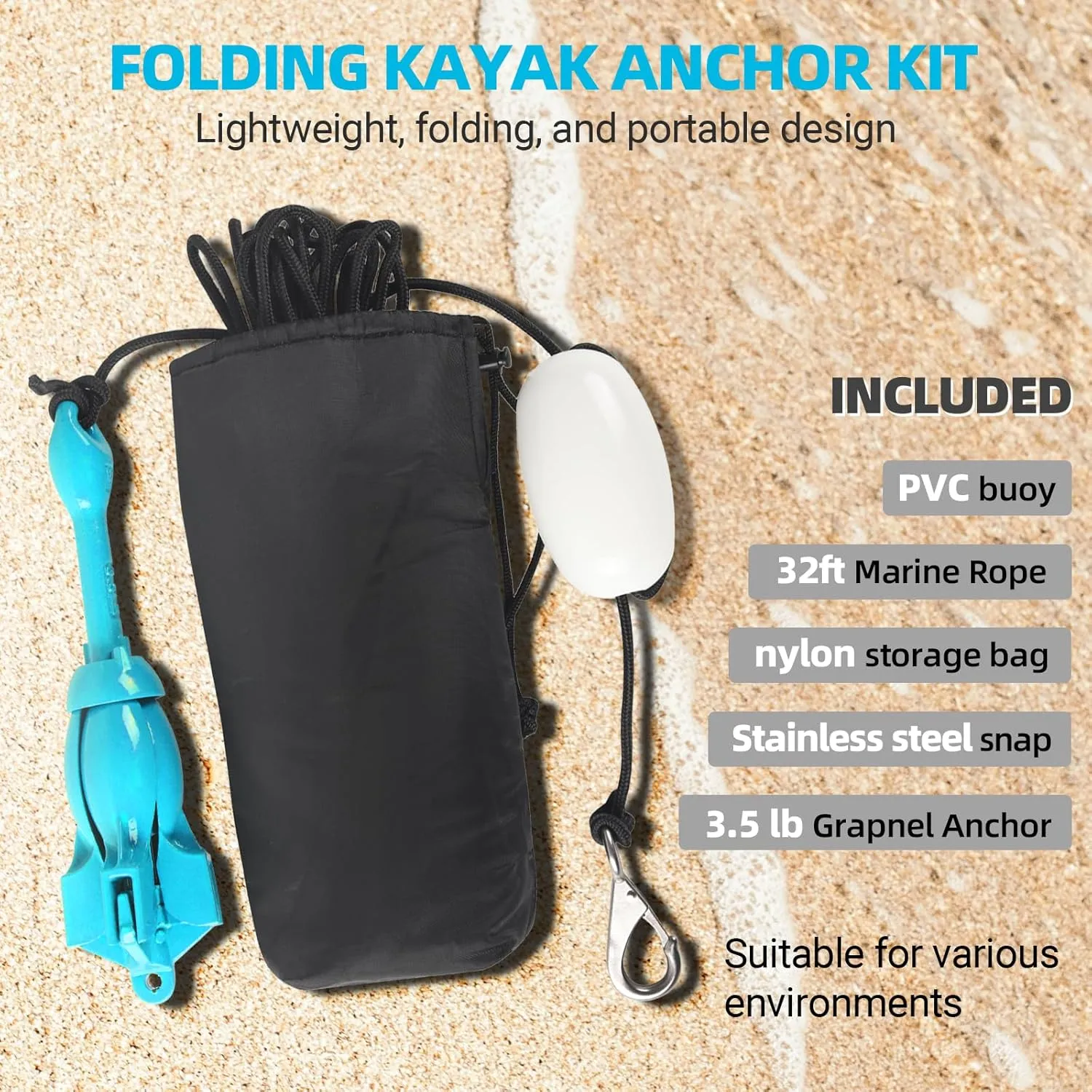 CALPALMY Folding Anchor with Rope Kit, 3.5lbs Versatile Grapnel Anchor for Inflatables Kayaks SUP Small Boats Skiffs and Canoes Trips, 32ft Marine Rope with Marker Buoy