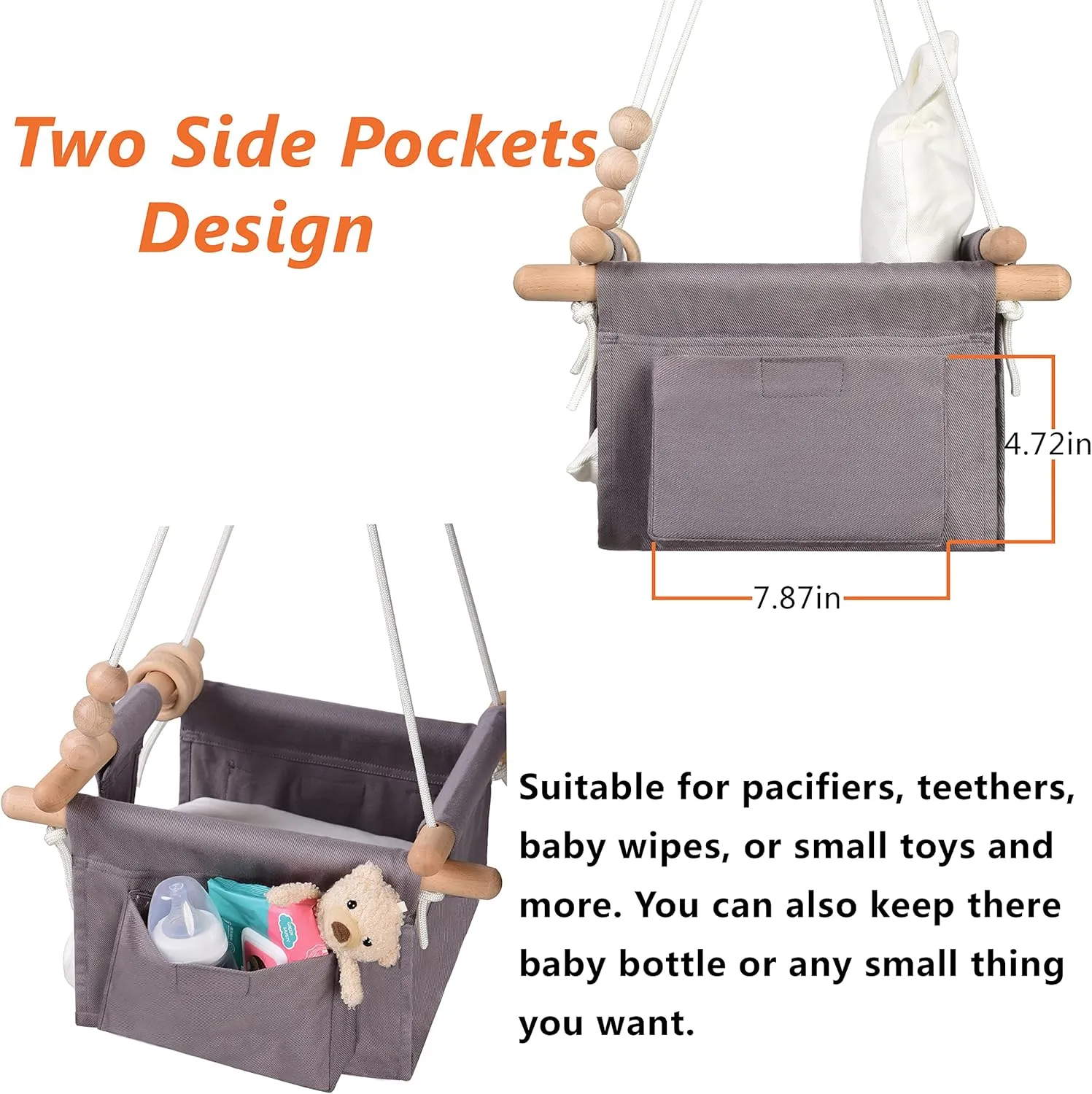 Canvas Baby Hanging Swing Baby Hammock Swings with 2 Side Pockets Safety Belt & Cotton Cushion Seat Infant Baby Swing Fabric Toddler Porch Swing Outside Hanging Baby Tree Swingoor Swings