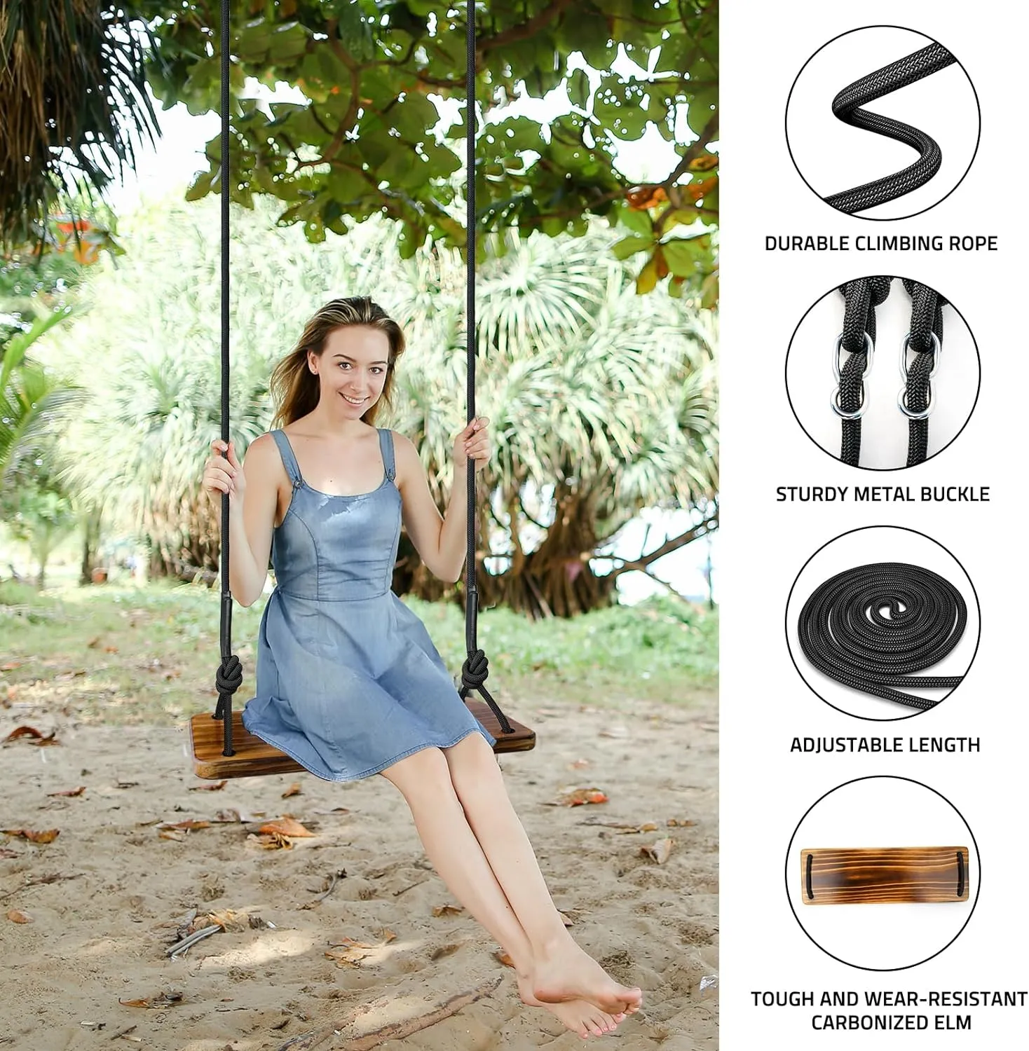 Carbonized Hanging Wooden Swing, 24"x 8"x 1.2" Tree Swing for Adults Kids with 500lbs Load, Adjustable Climbing Rope Plus Tree Straps 9.67FT, Wood Swing Set Seat for Outdoor and Indoor Use