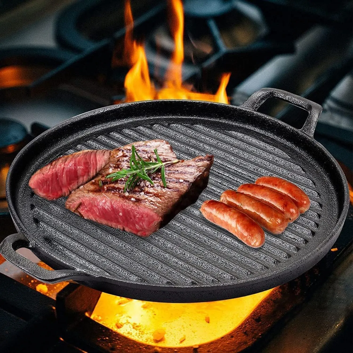 Cast Iron Griddle Plate 30cm Round BBQ Pan Cooking Grill for Stove & Oven