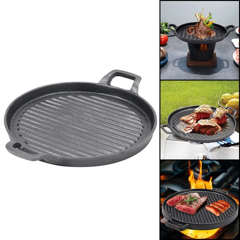 Cast Iron Griddle Plate 30cm Round BBQ Pan Cooking Grill for Stove & Oven