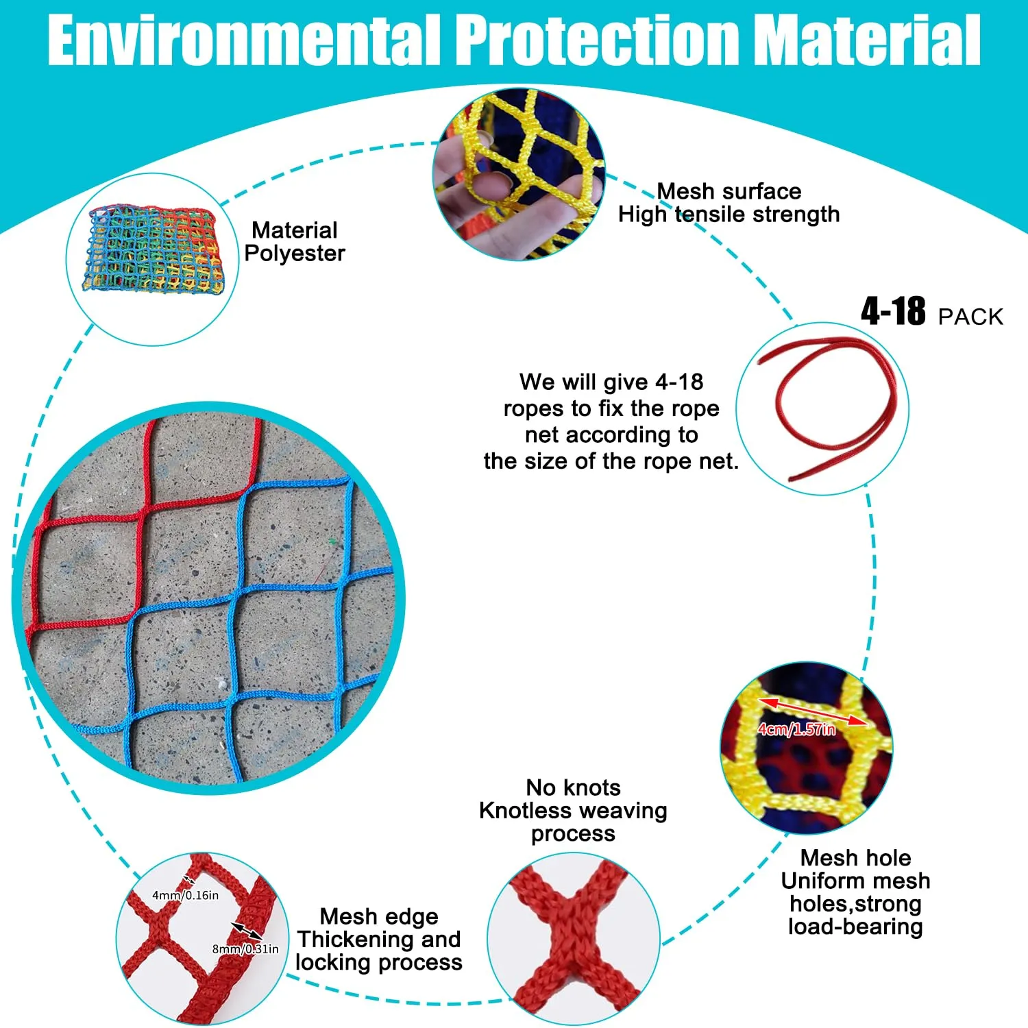 Climbing Cargo Net for Kids Outdoor Balcony & Playground Safety Net - Knotless Polyester Sports Netting