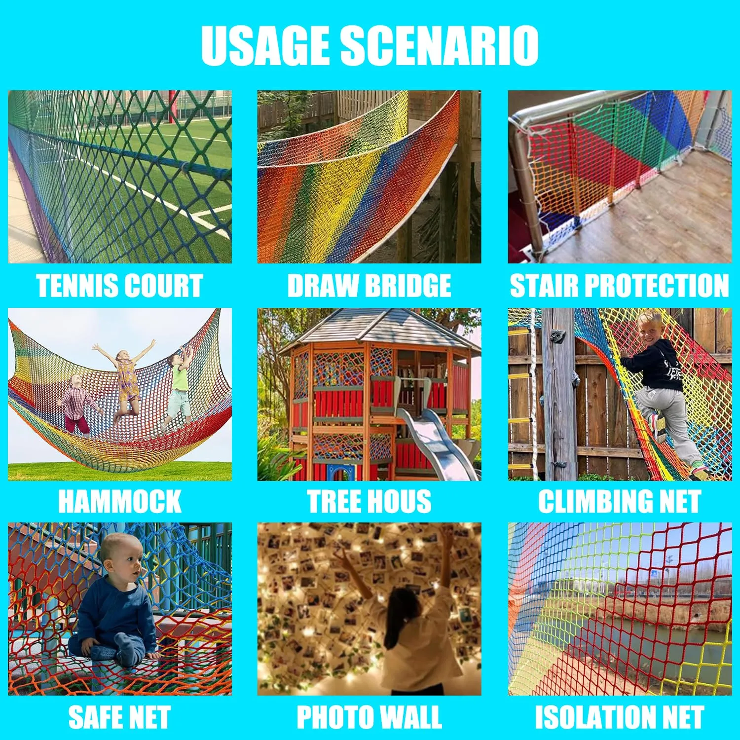 Climbing Cargo Net for Kids Outdoor Balcony & Playground Safety Net - Knotless Polyester Sports Netting