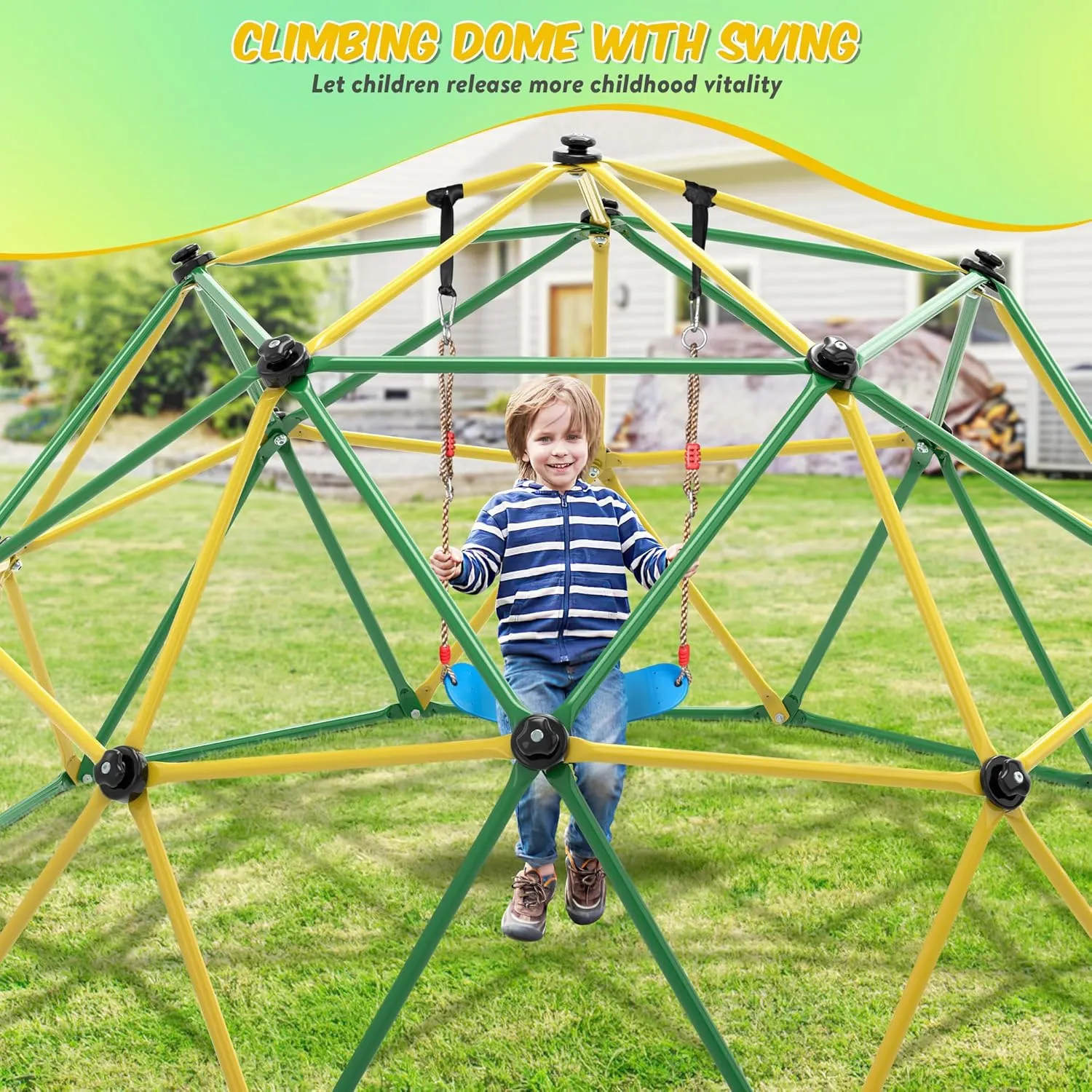 Climbing Dome, 10FT Dome Climber with Hammock & Swing for Kids 3-10, Kids Outdoor Jungle Gym Supports 1000lbs, Easy Assembly Playground Jungle Gym Backyard Play Equipment, Yellow Green