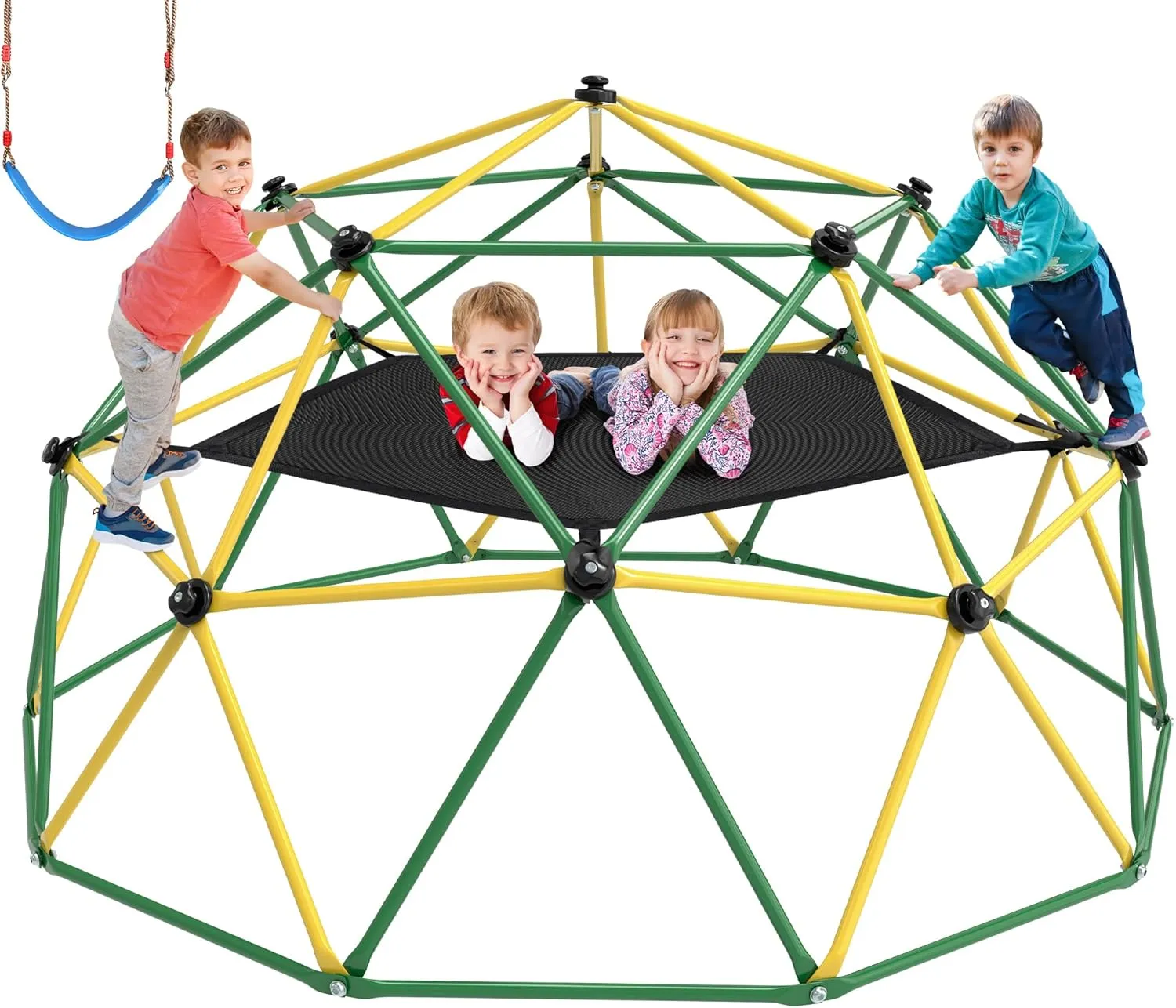 Climbing Dome, 10FT Dome Climber with Hammock & Swing for Kids 3-10, Kids Outdoor Jungle Gym Supports 1000lbs, Easy Assembly Playground Jungle Gym Backyard Play Equipment, Yellow Green