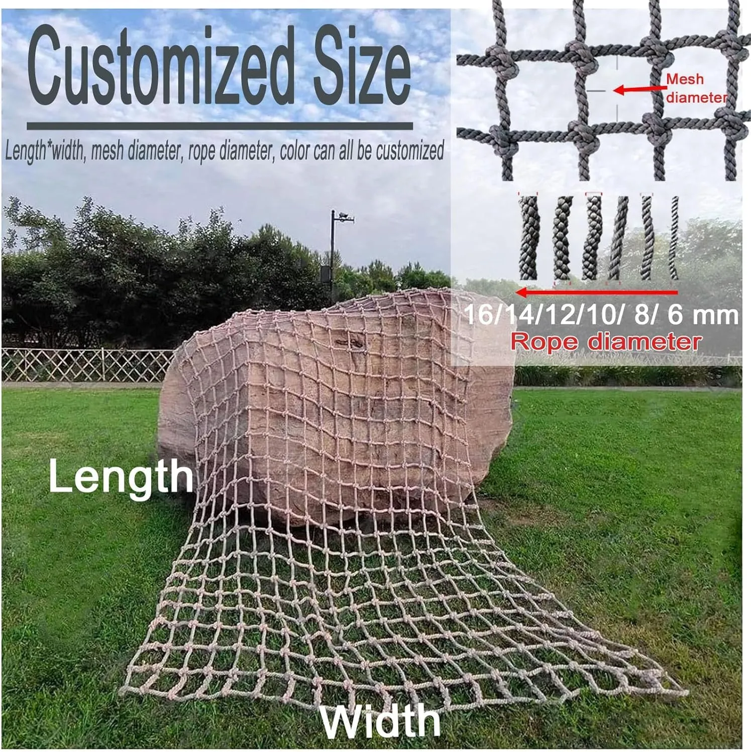 Climbing Frame Net for Kids Outdoor Playground - Durable Hemp Rope Netting, Jute Rope Nets for Treehouse, Cargo Climbing, Children's Fitness Equipment(8 * 9m)