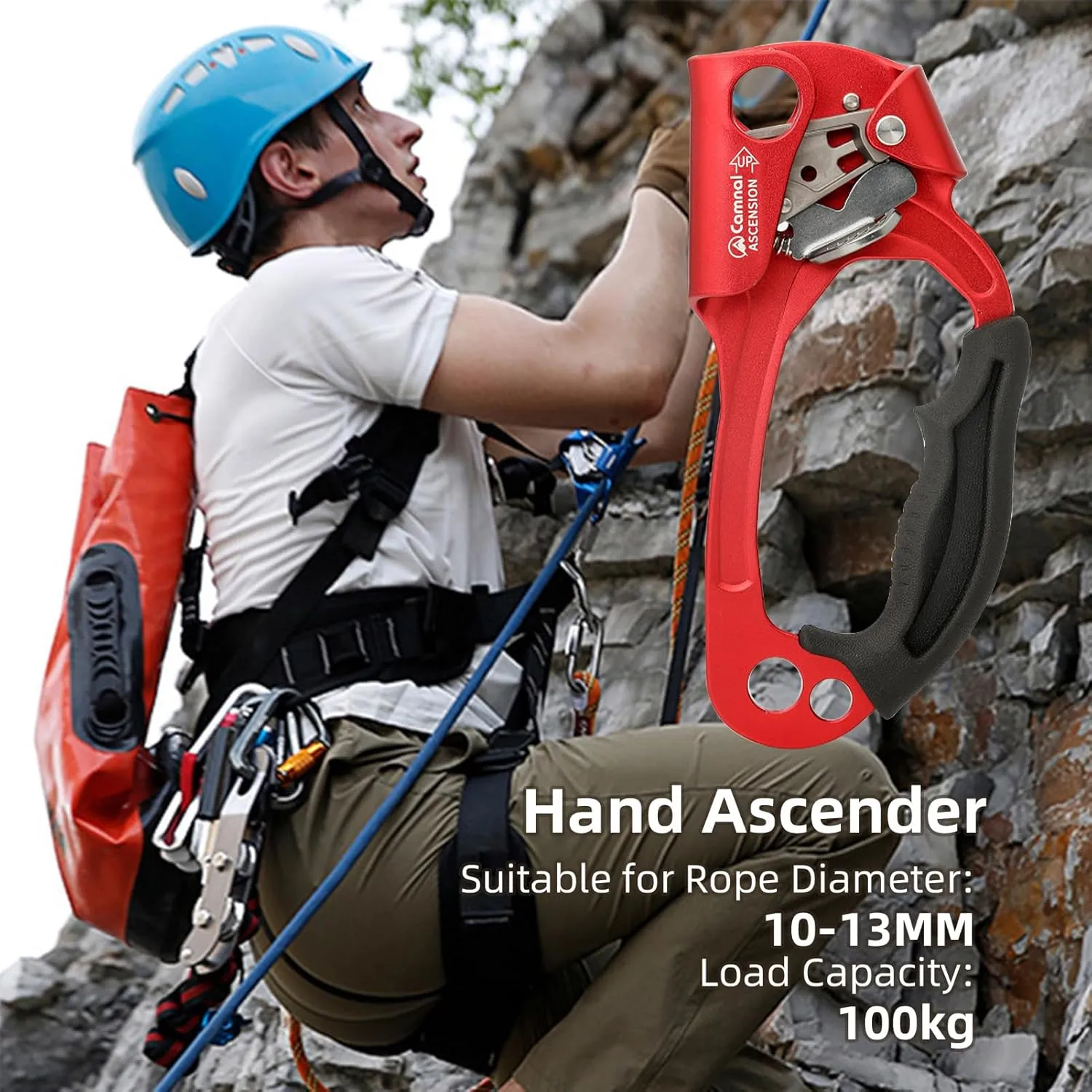 Climbing Hand Ascender Mountaineering Rock Climbing Tree Arborist Strong Rappelling Gear Equipment Rope Clamp with Ergonomic Rubber Handle, Aluminum Alloy Climbing Ascender for 10~13MM Rope