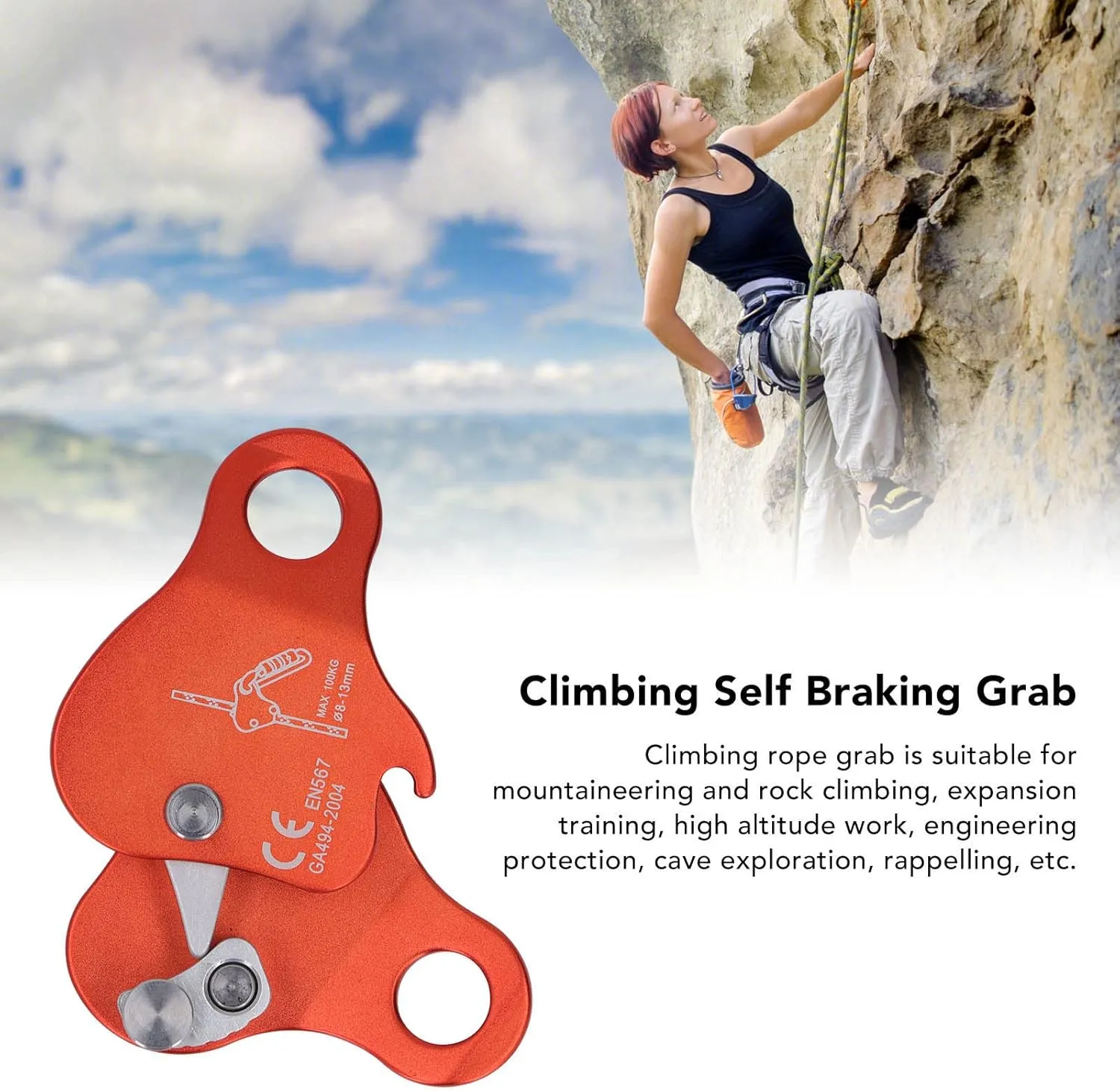 Climbing Rope Grab Aluminum Alloy Self Locking 8‑13mm Stopper Large Bent Ear Rigging Plate Heavy Duty High Strength for Rappelling Belaying Tree Aerial Silks Outdoor Mountaineering