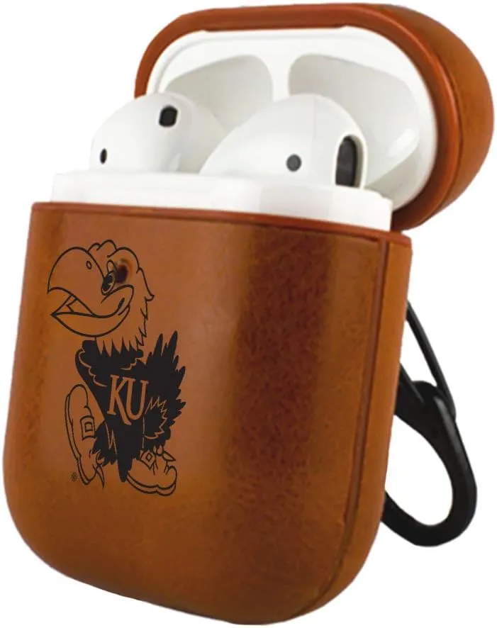 Collegiate Leatherette Cover for Apple AirPods Generation 1/2 Case with Carabiner and Safety Cord – Kansas Jayhawks