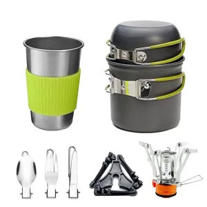 compact portable gas camping stove with cookware set