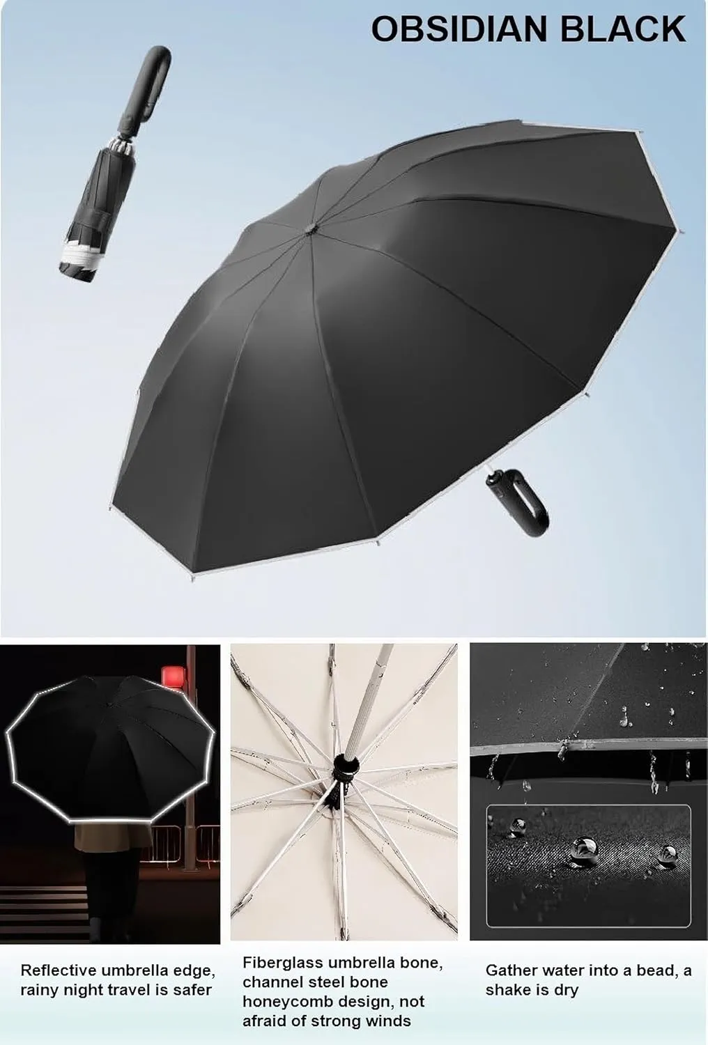 Compact Umbrella for Travel Umbrella with Novelty Carabiner Handle Ring Buckle Windproof Umbrella Reflective Safety Strip Portable Umbrella for Men and Women Automatic Umbrella