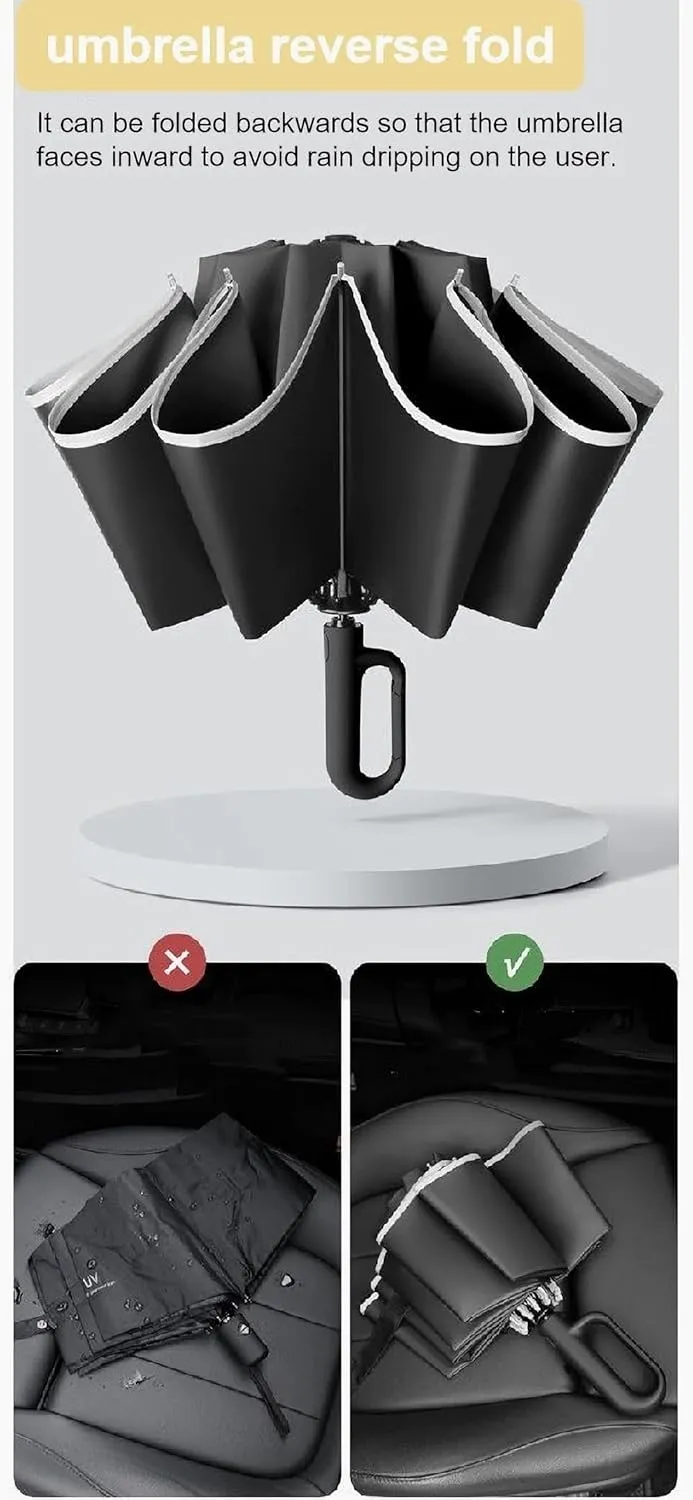 Compact Umbrella for Travel Umbrella with Novelty Carabiner Handle Ring Buckle Windproof Umbrella Reflective Safety Strip Portable Umbrella for Men and Women Automatic Umbrella