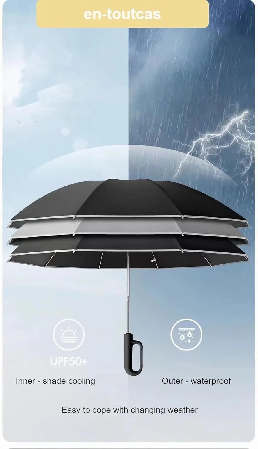 Compact Umbrella for Travel Umbrella with Novelty Carabiner Handle Ring Buckle Windproof Umbrella Reflective Safety Strip Portable Umbrella for Men and Women Automatic Umbrella