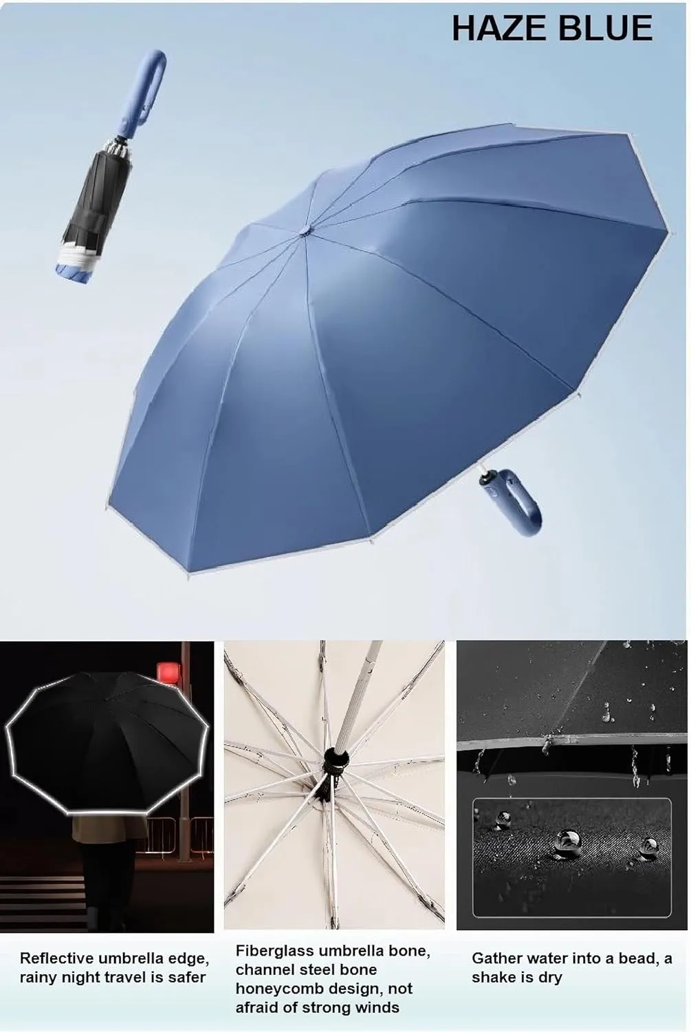 Compact Umbrella for Travel Umbrella with Novelty Carabiner Handle Ring Buckle Windproof Umbrella Reflective Safety Strip Portable Umbrella for Men and Women Automatic Umbrella