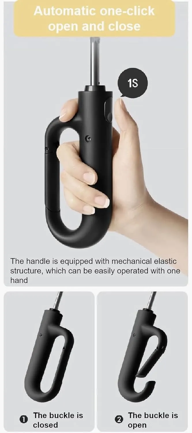 Compact Umbrella for Travel Umbrella with Novelty Carabiner Handle Ring Buckle Windproof Umbrella Reflective Safety Strip Portable Umbrella for Men and Women Automatic Umbrella