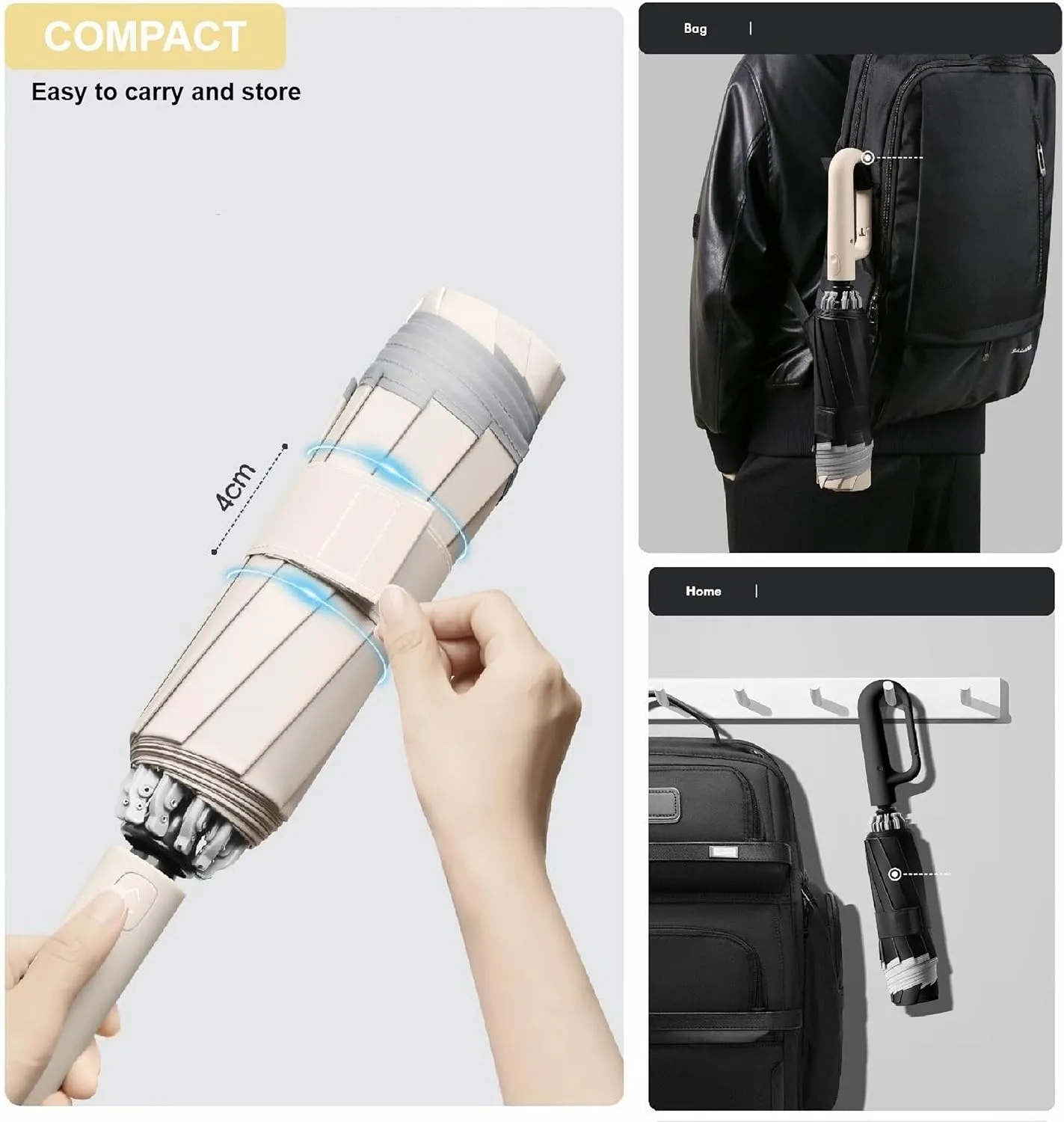 Compact Umbrella for Travel Umbrella with Novelty Carabiner Handle Ring Buckle Windproof Umbrella Reflective Safety Strip Portable Umbrella for Men and Women Automatic Umbrella