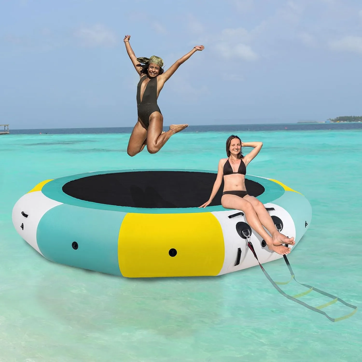 COOLWAVE Inflatable Water Trampoline for Lake 10 FT Floating Water Trampoline for Adults with 4-Step Rope Ladder and Mooring Ropes (Yellow-Green)