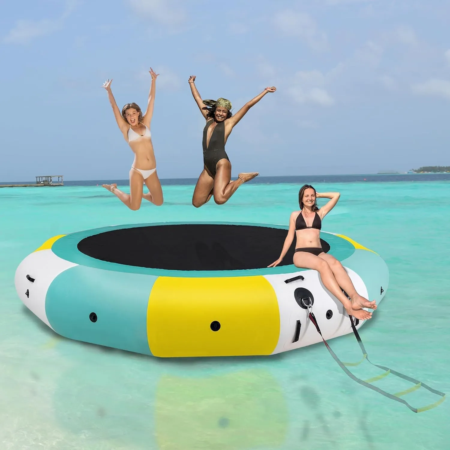 COOLWAVE Inflatable Water Trampoline for Lake Pool Ocean 10FT 12FT 15FT, Floating Water Trampoline for Adults with 4-Step Rope Ladder and Mooring Ropes