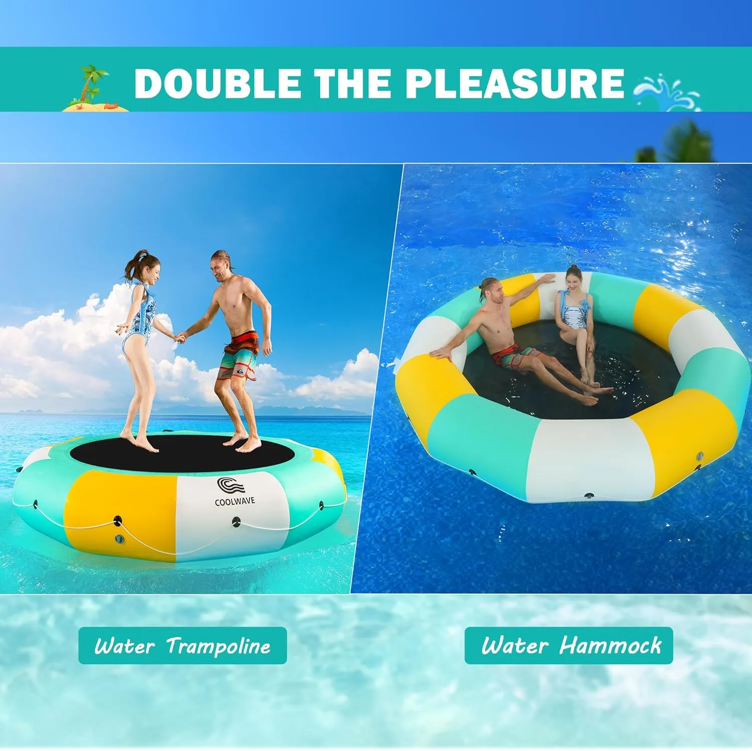 COOLWAVE Inflatable Water Trampoline for Lake Pool Ocean 10FT 12FT 15FT, Floating Water Trampoline for Adults with 4-Step Rope Ladder and Mooring Ropes