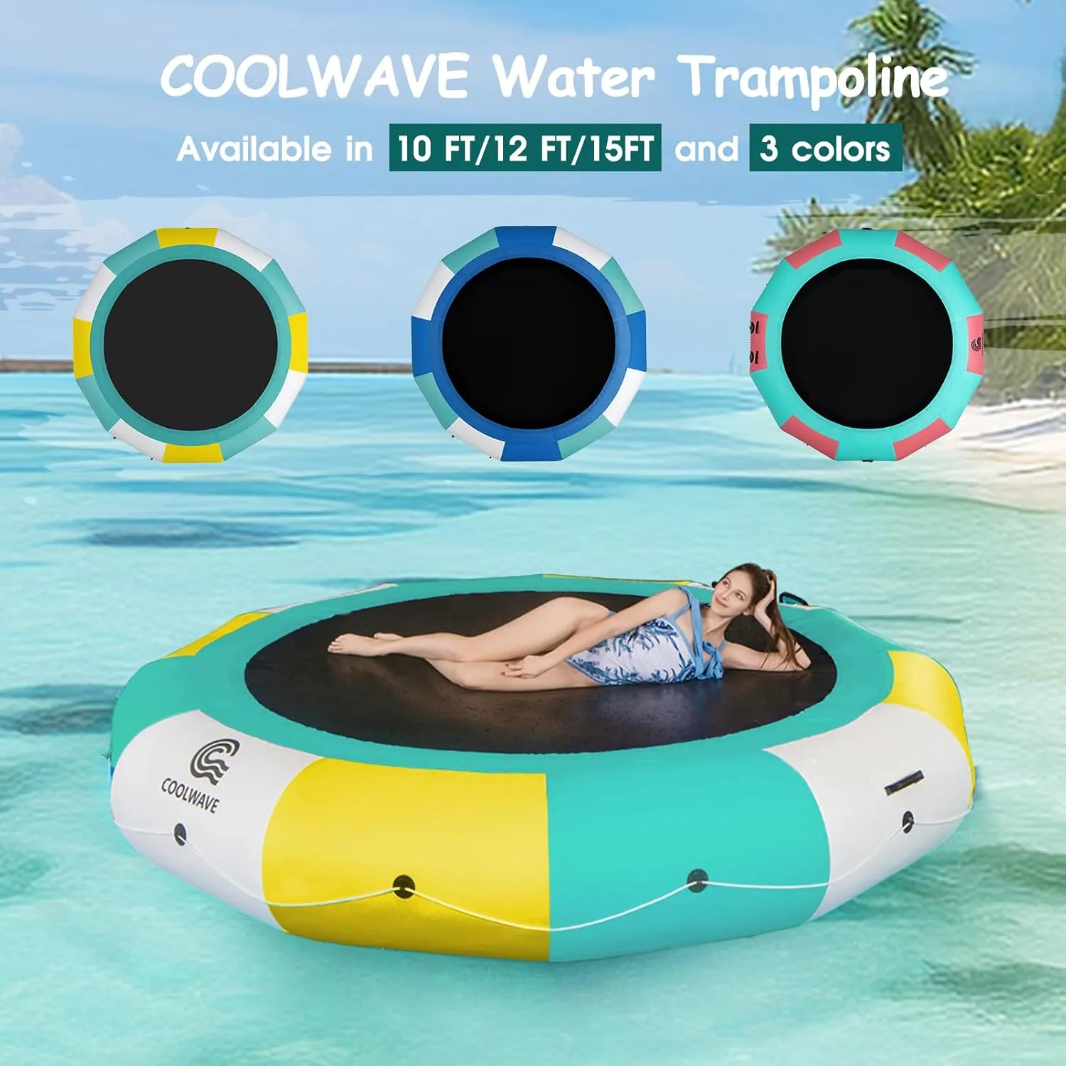 COOLWAVE Inflatable Water Trampoline for Lake Pool Ocean 10FT 12FT 15FT, Floating Water Trampoline for Adults with 4-Step Rope Ladder and Mooring Ropes
