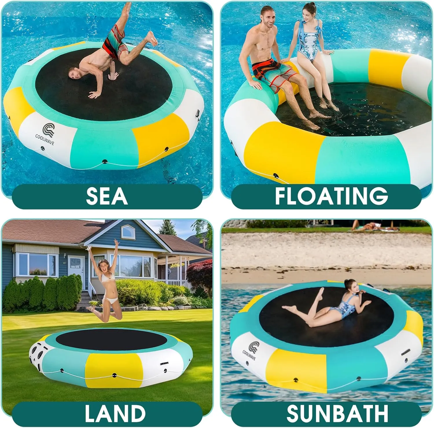 COOLWAVE Inflatable Water Trampoline for Lake Pool Ocean 10FT 12FT 15FT, Floating Water Trampoline for Adults with 4-Step Rope Ladder and Mooring Ropes
