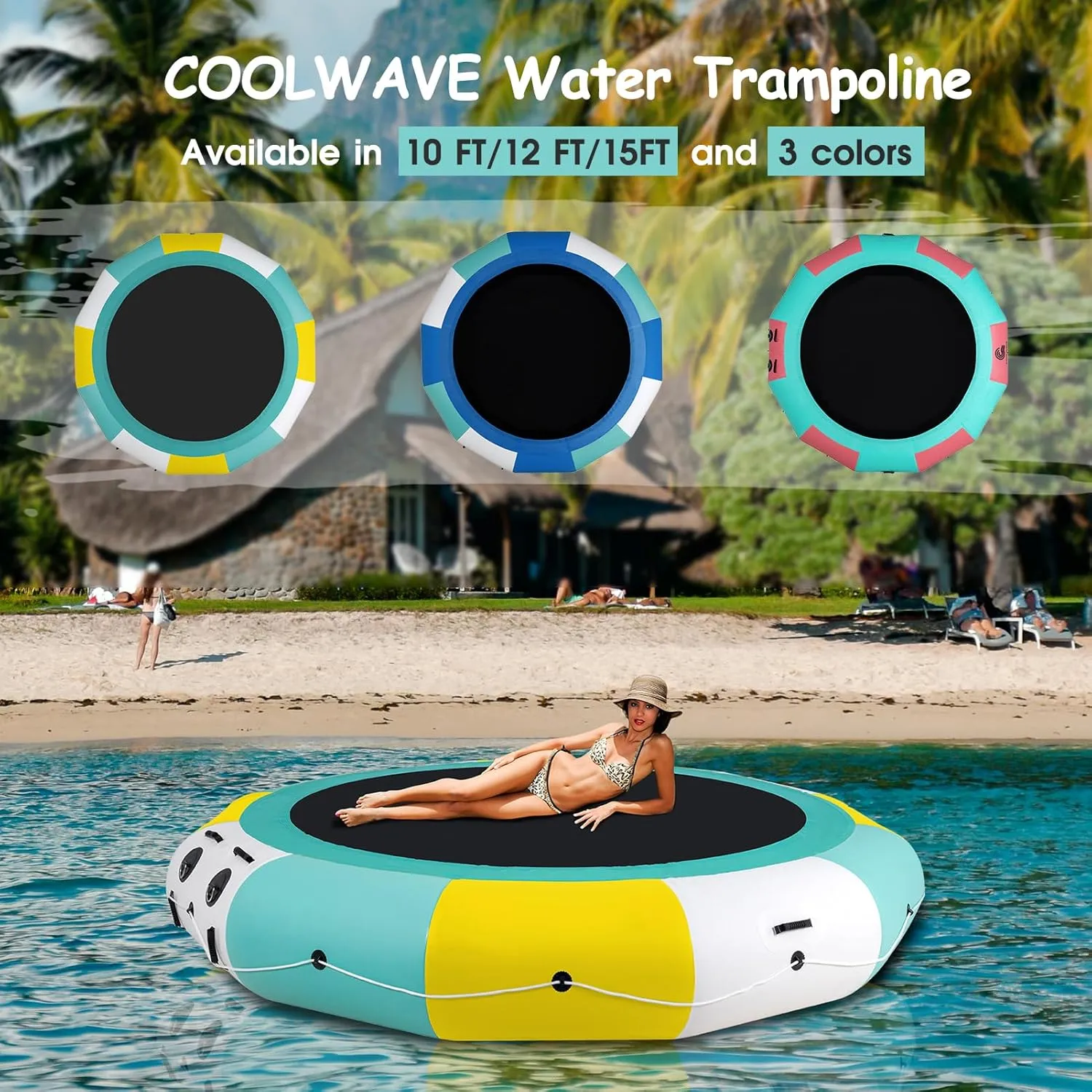 COOLWAVE Inflatable Water Trampoline for Lake Pool Ocean 10FT 12FT 15FT, Floating Water Trampoline for Adults with 4-Step Rope Ladder and Mooring Ropes