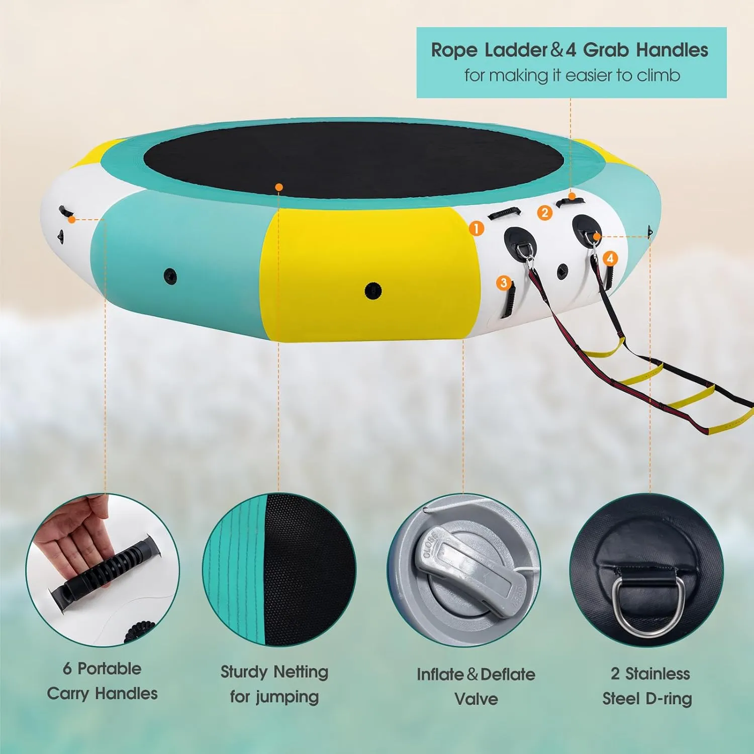 COOLWAVE Inflatable Water Trampoline for Lake Pool Ocean 10FT 12FT 15FT, Floating Water Trampoline for Adults with 4-Step Rope Ladder and Mooring Ropes