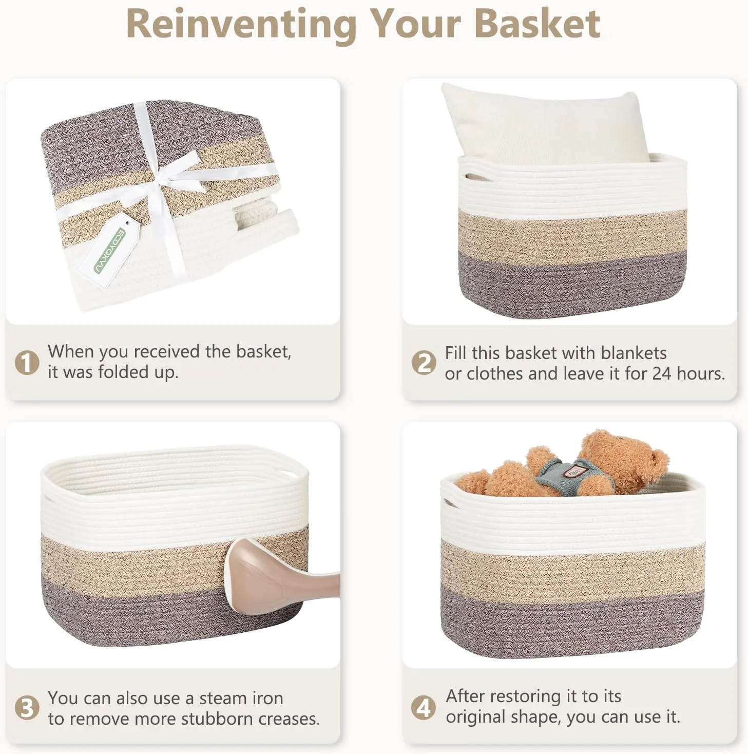 Cotton Rope Basket , Storage Baskets with Handle, 15x10x9 Inch Woven Basket for Shelves, Laundry, Towels, Clothes, Books, Toys (Black Brown 2 Pack)