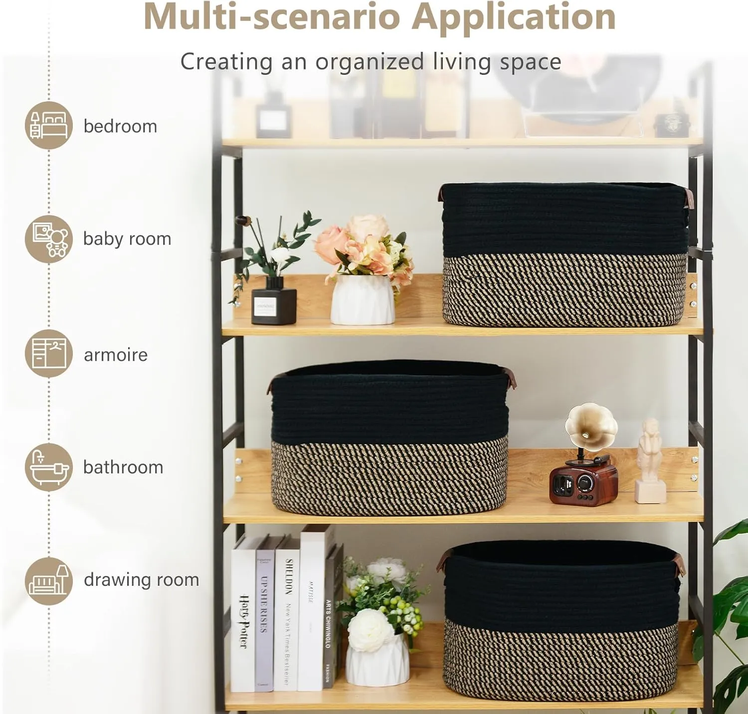 Cotton Rope Basket , Storage Baskets with Handle, 15x10x9 Inch Woven Basket for Shelves, Laundry, Towels, Clothes, Books, Toys (Black Brown 2 Pack)