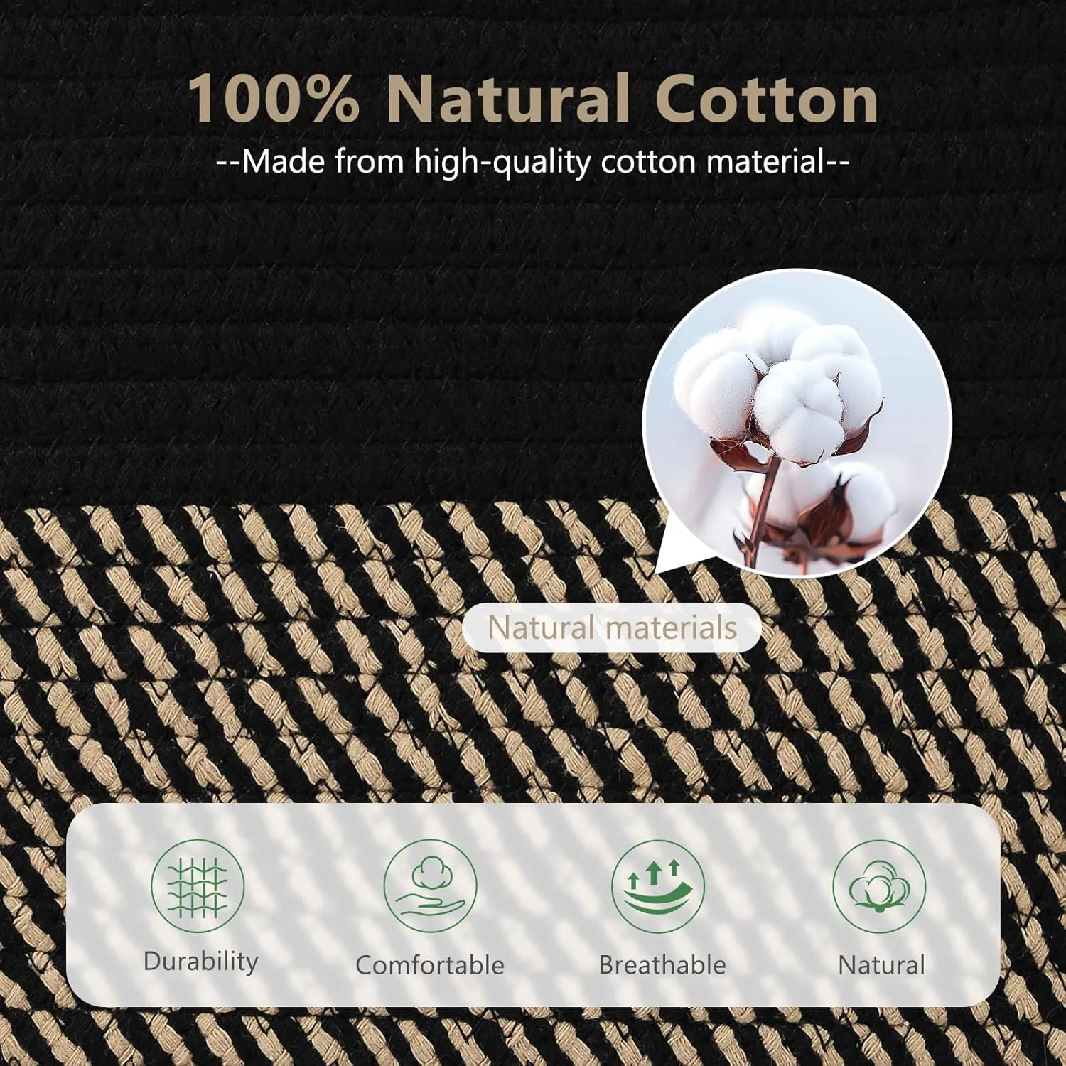 Cotton Rope Basket , Storage Baskets with Handle, 15x10x9 Inch Woven Basket for Shelves, Laundry, Towels, Clothes, Books, Toys (Black Brown 2 Pack)
