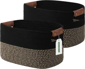 Cotton Rope Basket , Storage Baskets with Handle, 15x10x9 Inch Woven Basket for Shelves, Laundry, Towels, Clothes, Books, Toys (Black Brown 2 Pack)