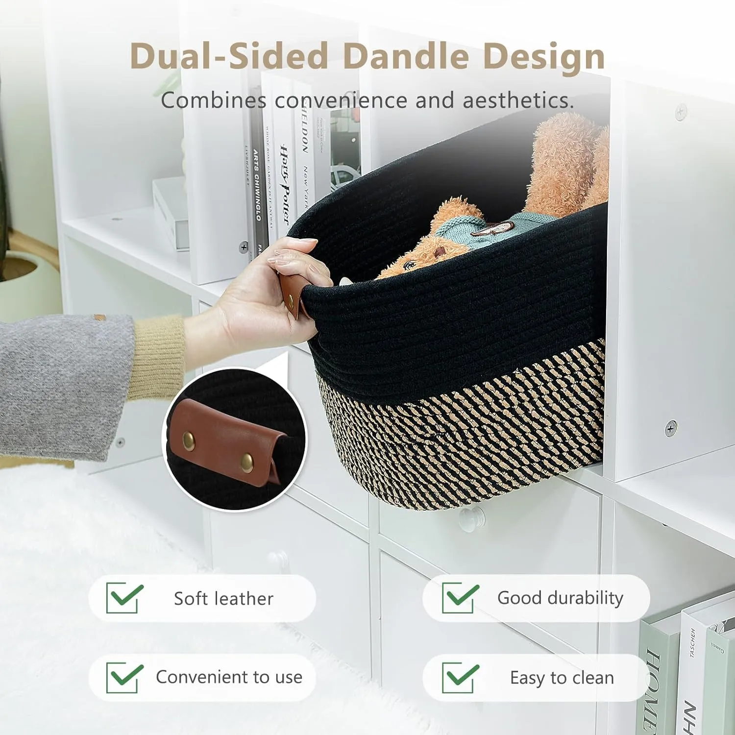 Cotton Rope Basket , Storage Baskets with Handle, 15x10x9 Inch Woven Basket for Shelves, Laundry, Towels, Clothes, Books, Toys (Black Brown 2 Pack)
