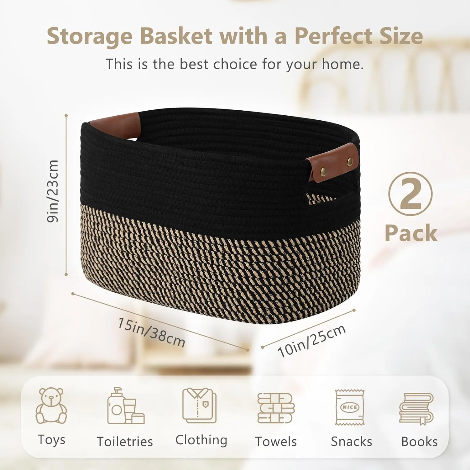 Cotton Rope Basket , Storage Baskets with Handle, 15x10x9 Inch Woven Basket for Shelves, Laundry, Towels, Clothes, Books, Toys (Black Brown 2 Pack)