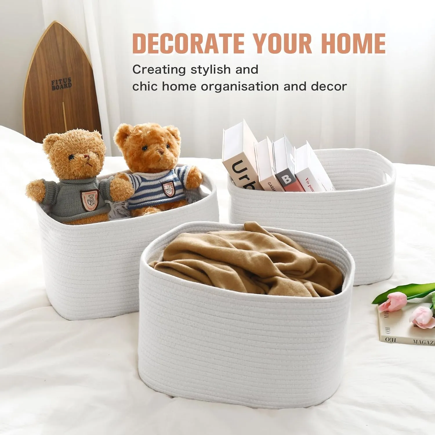 Cotton Rope Storage Basket, 15x10x9 Inches, Woven Basket for Shelves, Clothes, Toys, Towels, Books, and Laundry, Durable and Stylish, White (1 Pack)