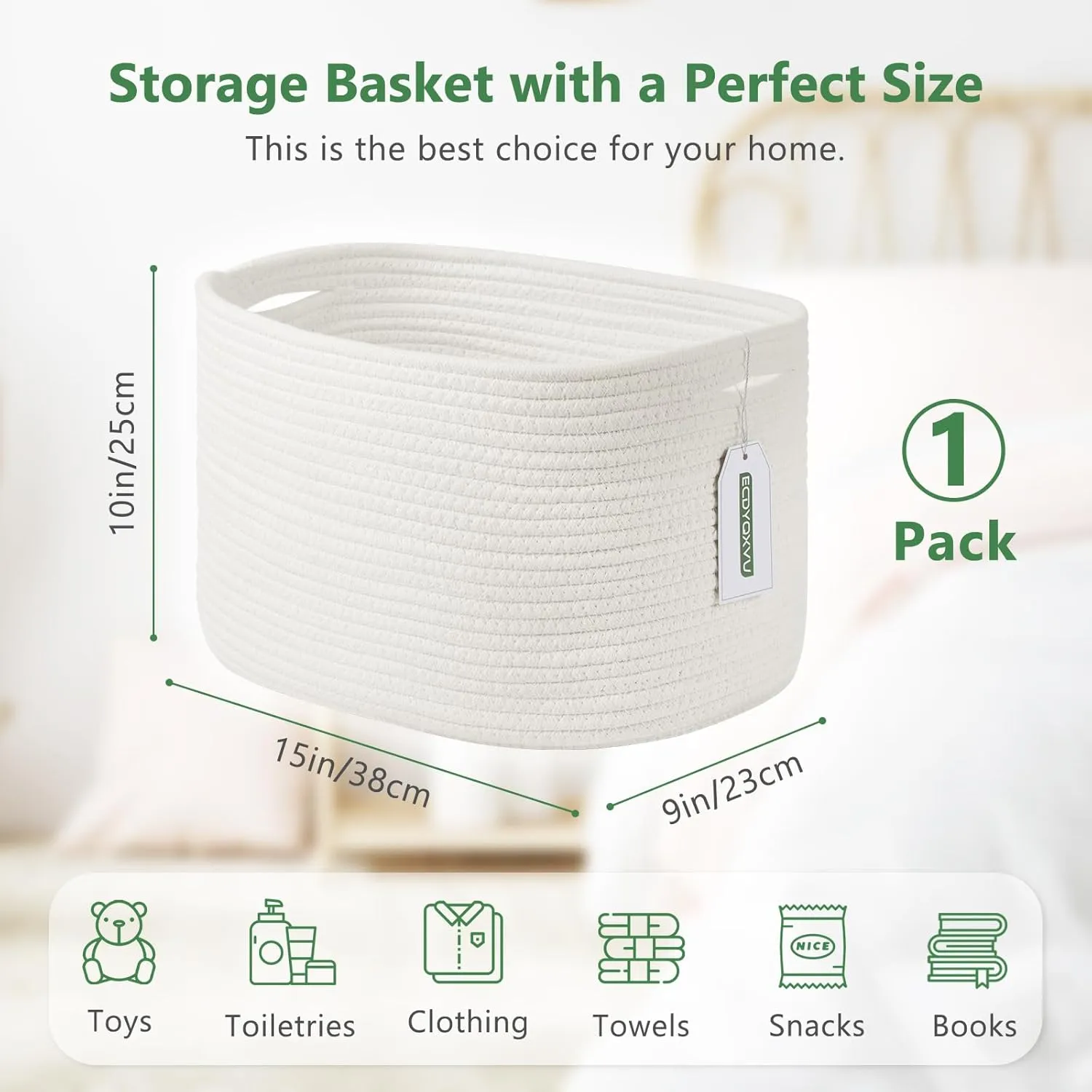 Cotton Rope Storage Basket, 15x10x9 Inches, Woven Basket for Shelves, Clothes, Toys, Towels, Books, and Laundry, Durable and Stylish, White (1 Pack)