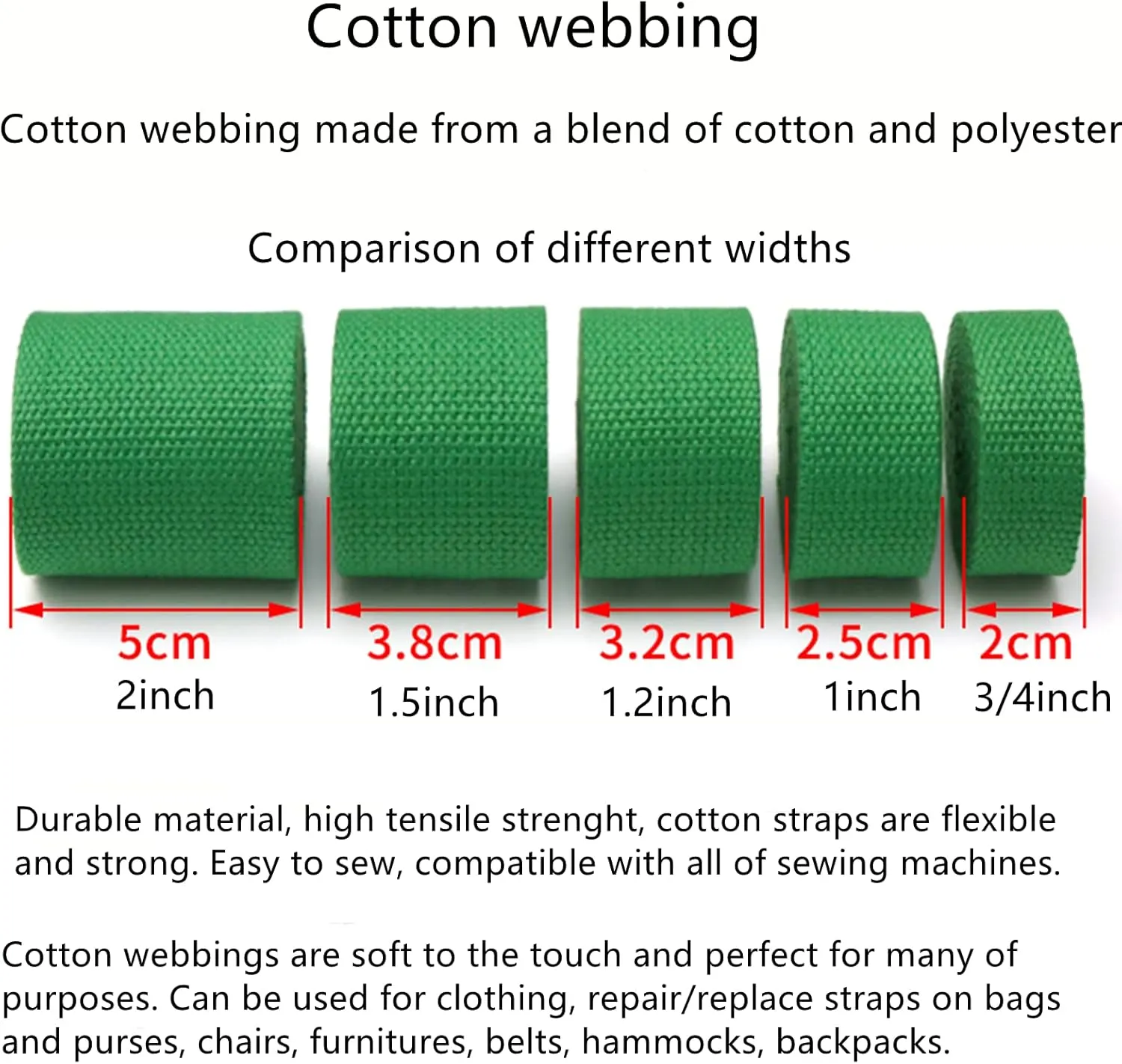 Cotton Webbing Strap for Lawn Chairs Bags Handles Luggage Cargo Strapping Climbing 3/4" 1" 1.5" 2" Wide
