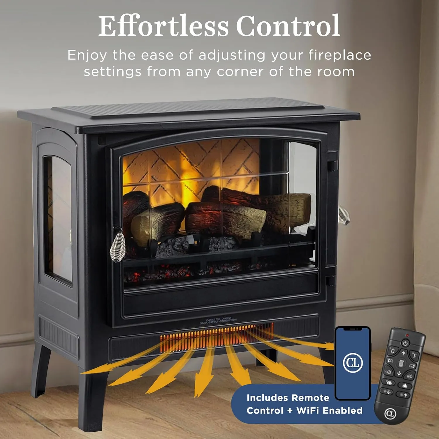 Country Living Infrared Freestanding Electric Fireplace Stove Heater in Black | Multiple Flame Colors, Metal Design with Faux Wooden Logs | Alexa/WiFi Enabled - Remote Included