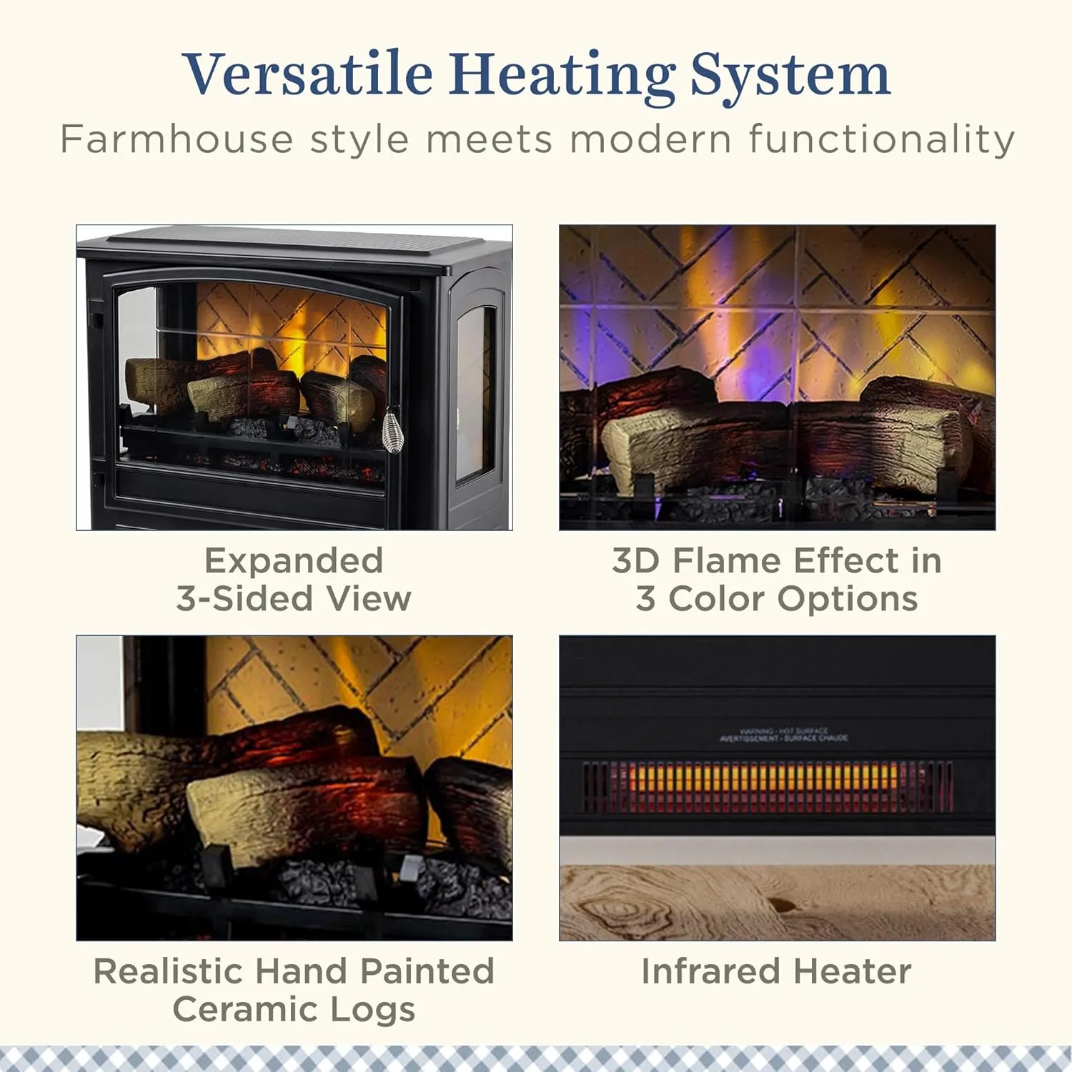 Country Living Infrared Freestanding Electric Fireplace Stove Heater in Black | Multiple Flame Colors, Metal Design with Faux Wooden Logs | Alexa/WiFi Enabled - Remote Included