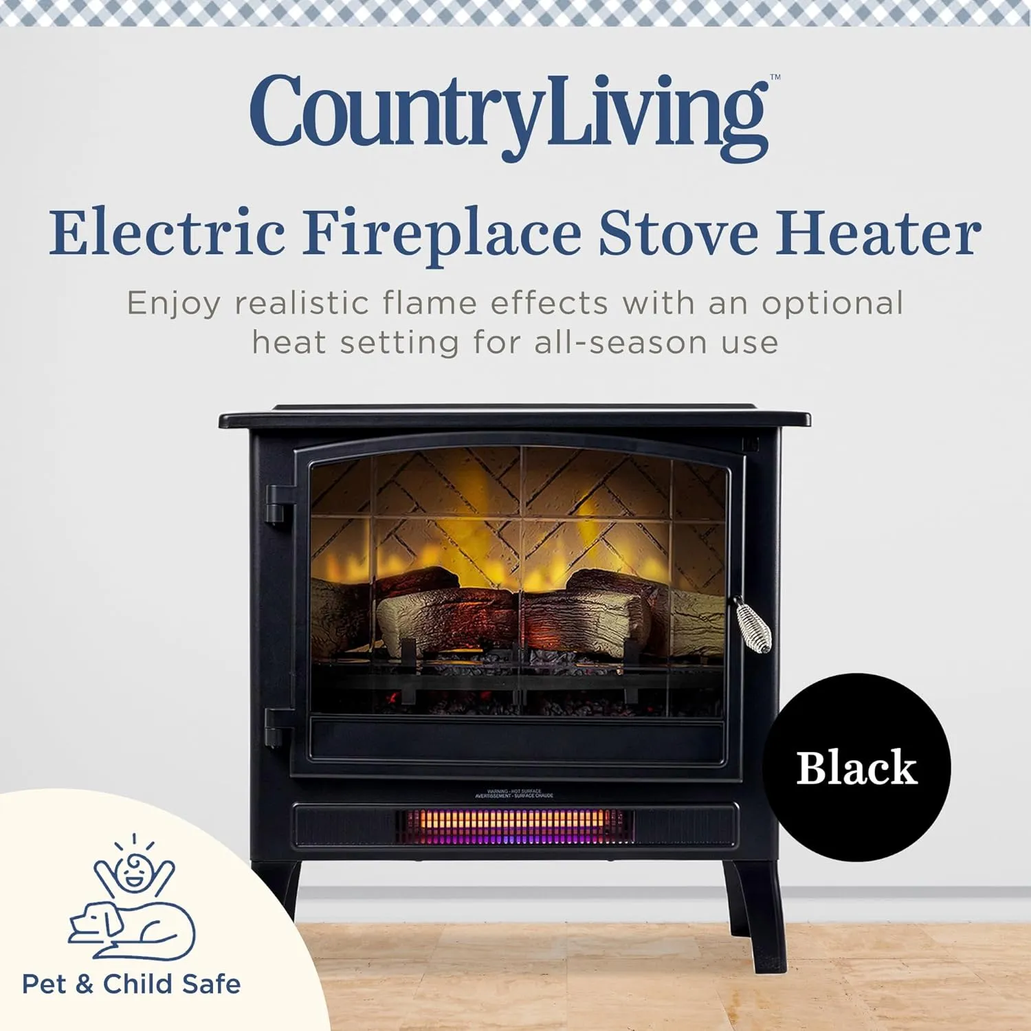 Country Living Infrared Freestanding Electric Fireplace Stove Heater in Black | Multiple Flame Colors, Metal Design with Faux Wooden Logs | Alexa/WiFi Enabled - Remote Included