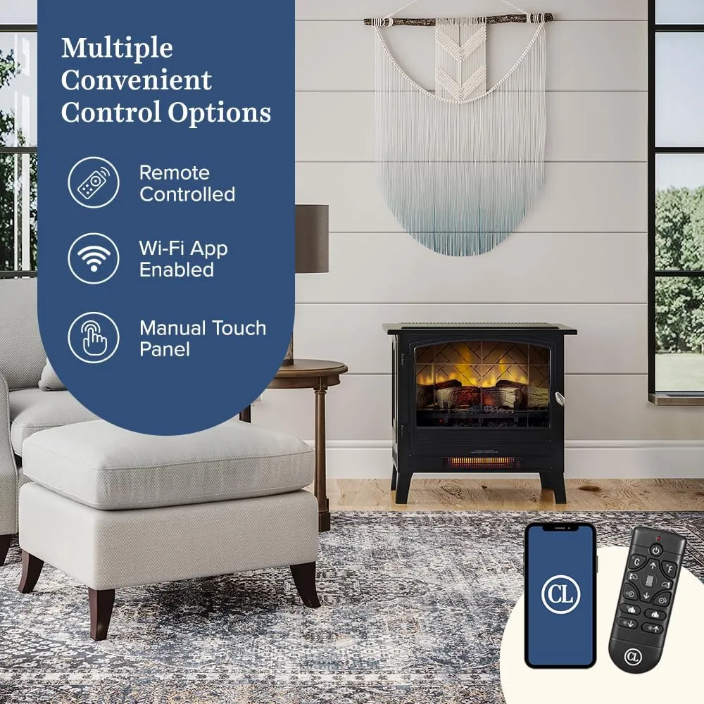 Country Living Infrared Freestanding Electric Fireplace Stove Heater in Black | Multiple Flame Colors, Metal Design with Faux Wooden Logs | Alexa/WiFi Enabled - Remote Included