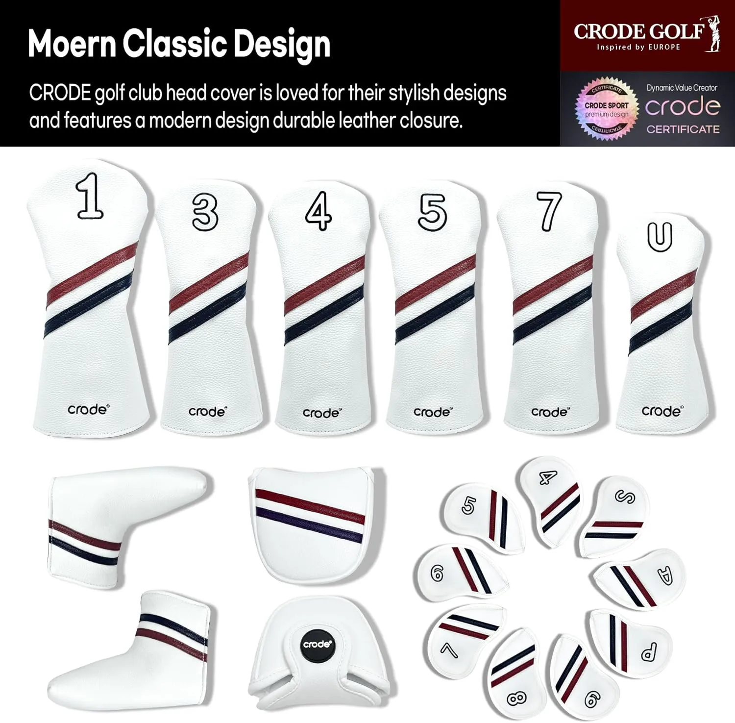 CRODE Golf Club Head Covers Premium Leather for Iron(9pcs/Set), Driver, Fairway Wood, Hybrid, Blade Putter, and Mallet Putter Cover Fit Most Brands