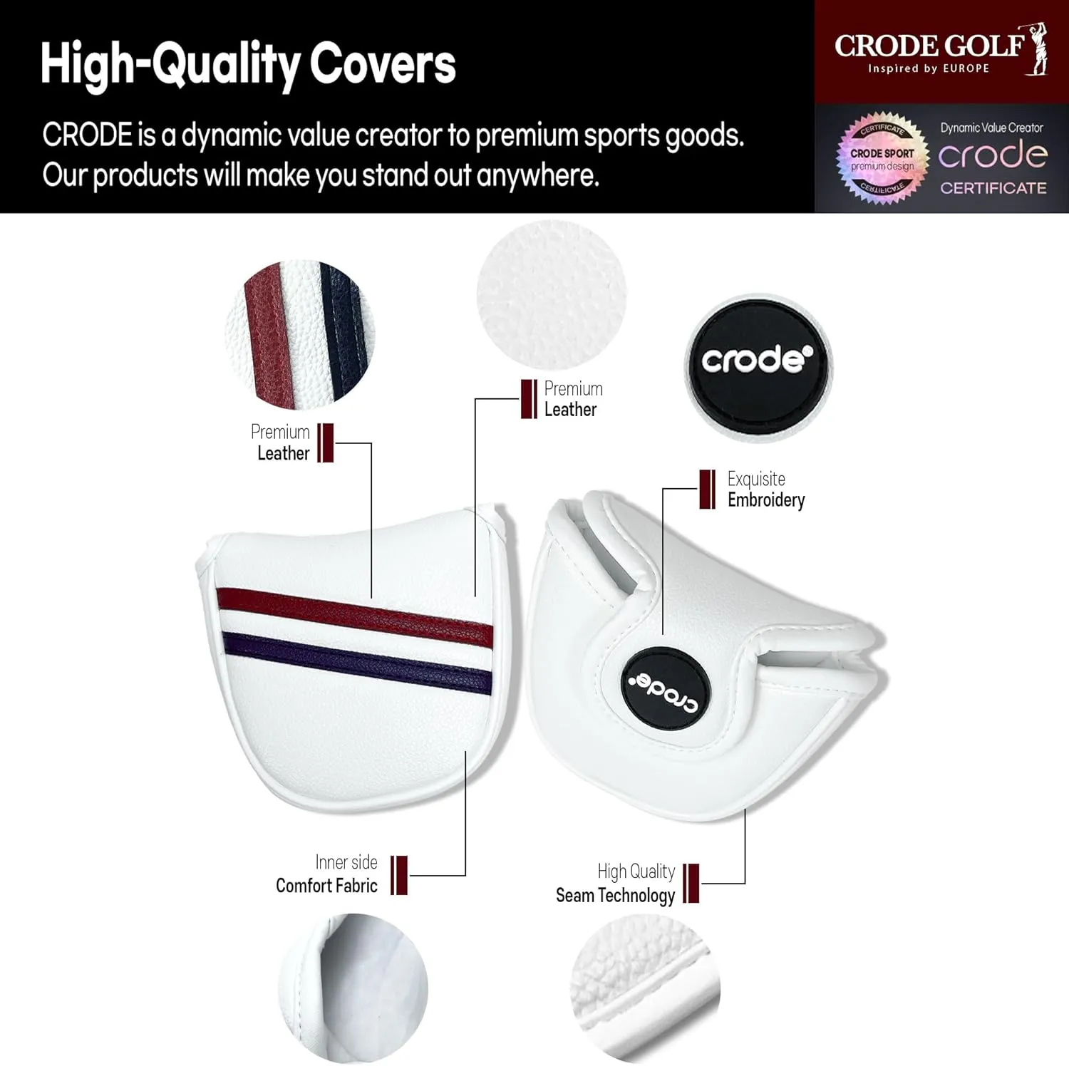 CRODE Golf Club Head Covers Premium Leather for Iron(9pcs/Set), Driver, Fairway Wood, Hybrid, Blade Putter, and Mallet Putter Cover Fit Most Brands