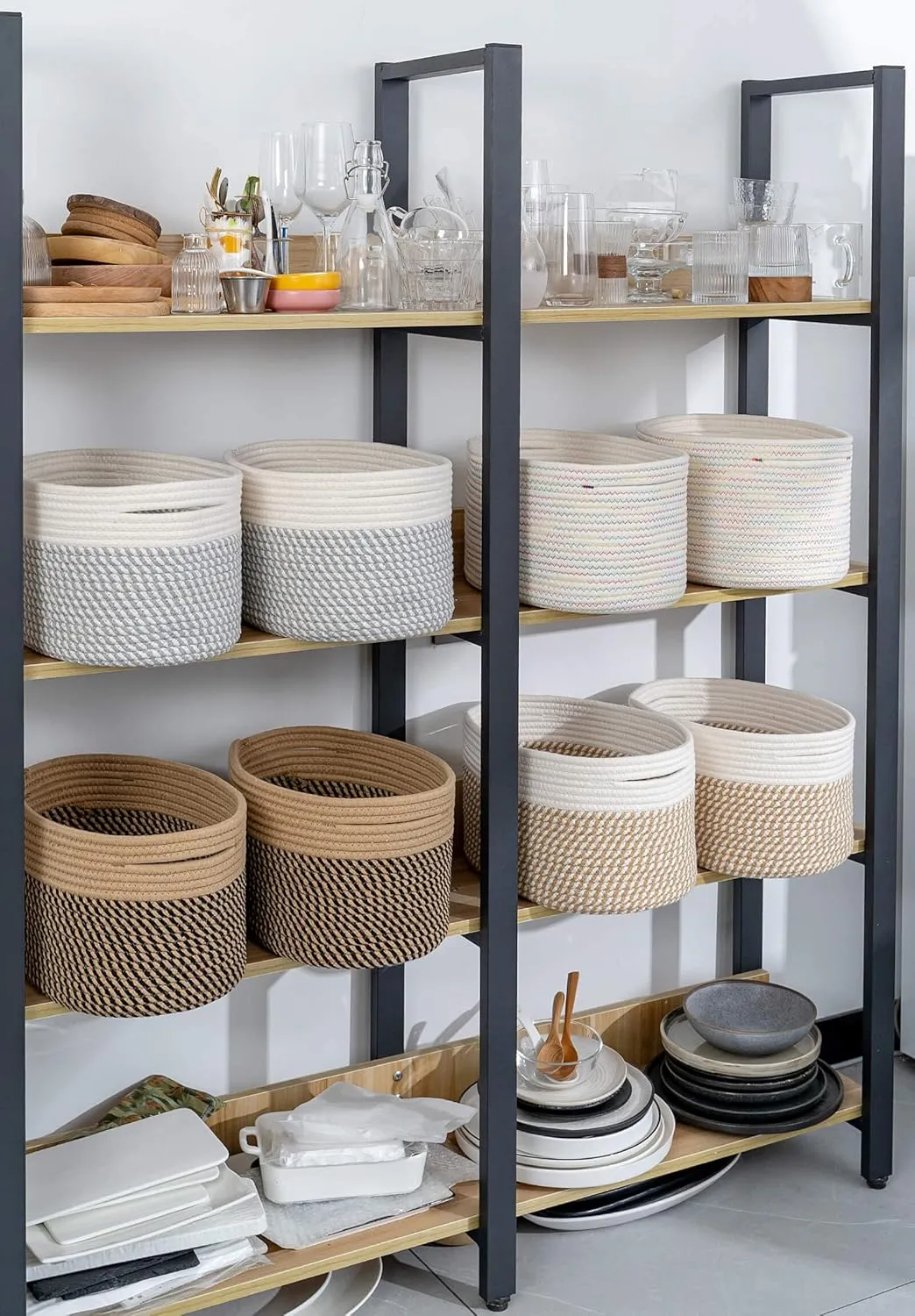 CubesLand Woven Basket for Organizing/Shelves, Cube Shelf Closet Storage Set of 3, Long-lasting & Skin-friendly Bin, Stylish Room Storage, Rainbow Stitches Cotton Rope